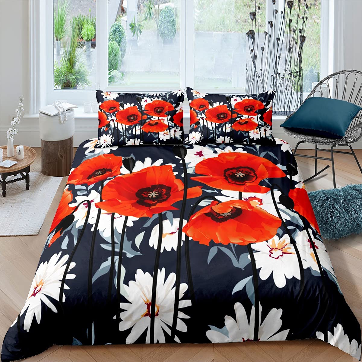 Erosebridal Red Cannabis Floral Comforter Cover Set - Twin Size Marijuana Leaf & Daisy Flower Duvet Cover with Pillowcase for Boys & Girls | Natural Plant Ink Art Bedding for Teen Rooms & Dorm Decor