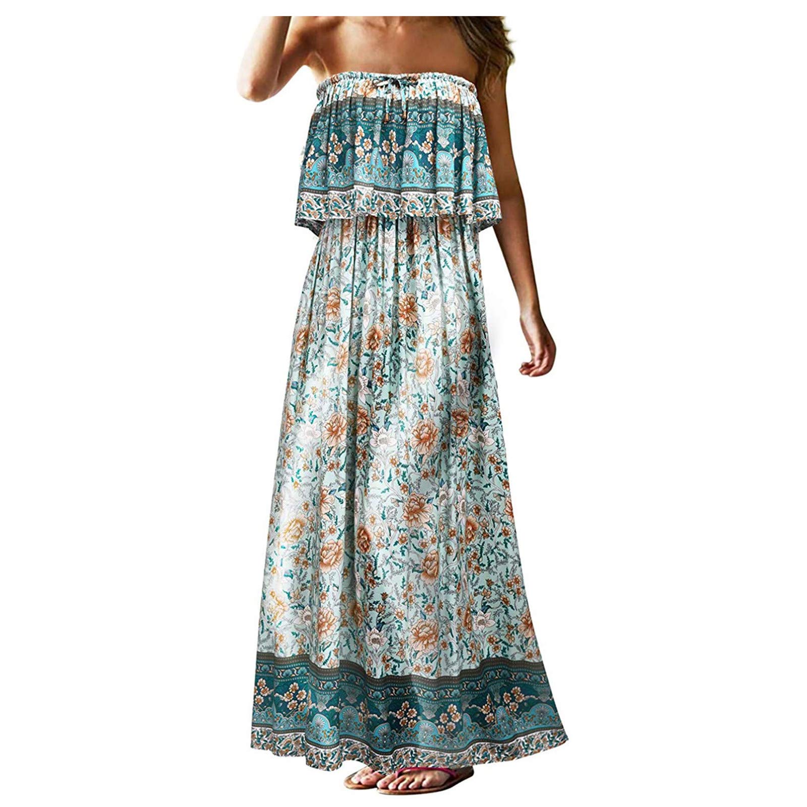 Elegant Black Strapless Long Dress for Women - Summer Bohemian Floral Print Maxi Dress for Funeral, Beach, Holiday & Special Occasions