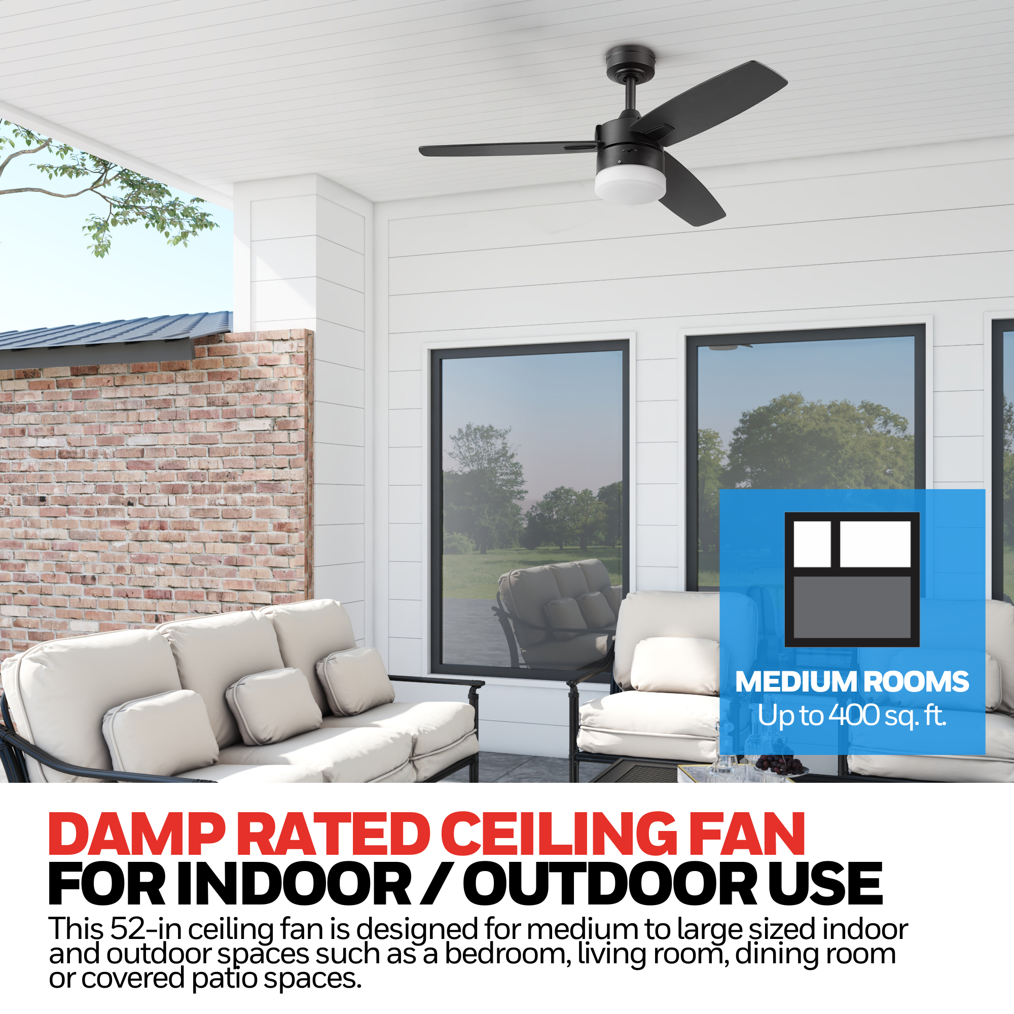 42 Inch Honeywell Conifer Matte Black Ceiling Fan with Light Kit and Remote Control - Perfect for Living Room, Bedroom, and Outdoor Patio Cooling