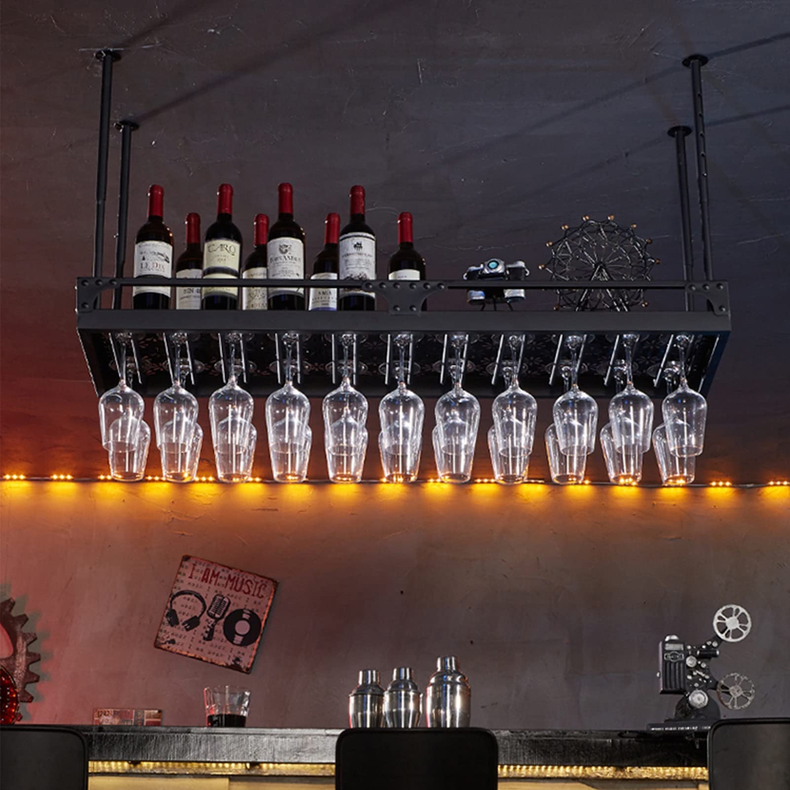 GELISURE Black Metal Floating Wine Rack - Ceiling Mounted Storage Shelf for Wine Bottles & Stemware Glasses (100x35cm) - Perfect for Home, Kitchen, Bar & Restaurant Decor