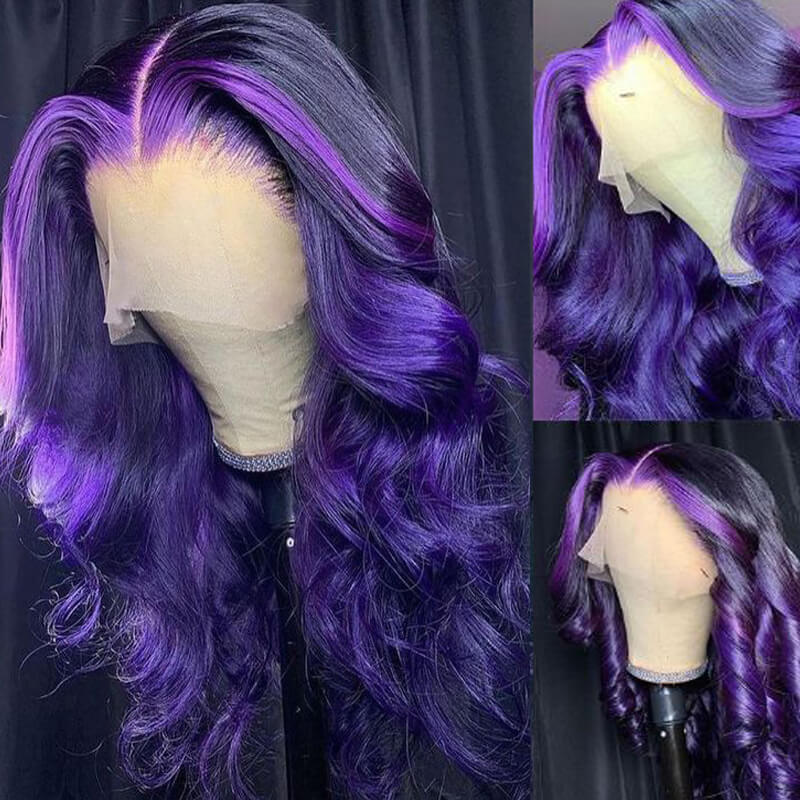 Eullair 13x4 Lace Front Wig - Colored Skunk Stripe Ombre Body Wave Human Hair (Perfect for Cosplay, Halloween & Daily Fashion)