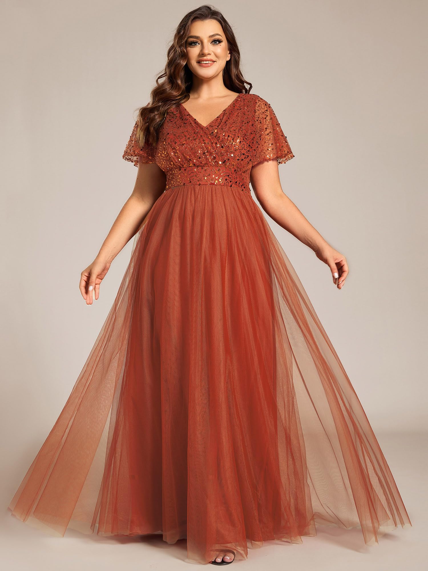 Ever-Pretty Plus Size Women's V-Neck Sequin A-Line Evening Dress - Short Sleeve Formal Gown for Curvy Figures | Perfect for Prom, Wedding Guest & Special Occasions
