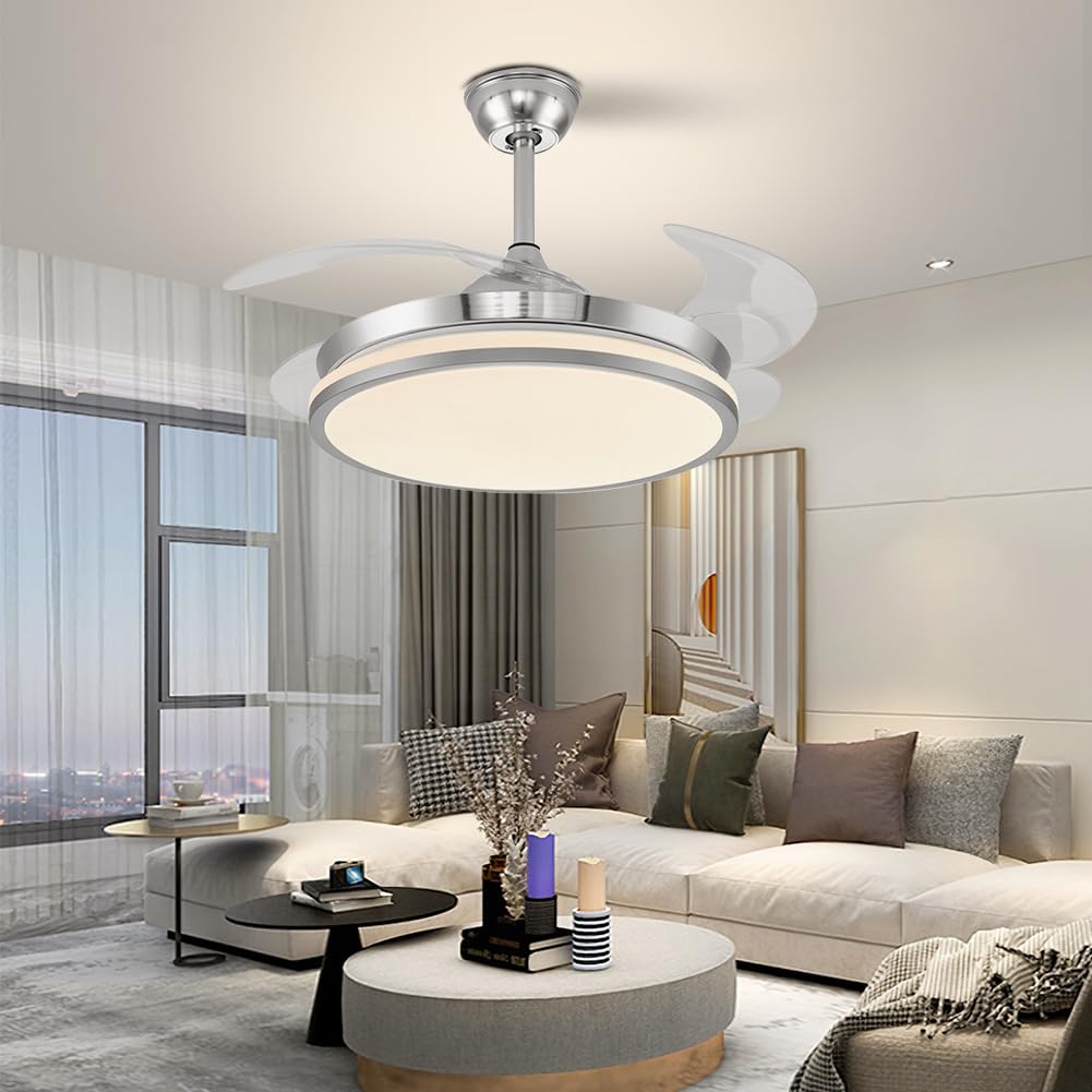 42 Inch Retractable Blade Ceiling Fan with Remote Control & LED Light - Silent Motor, Modern Chandelier Fan for Bedroom, Living Room, and Dining Room