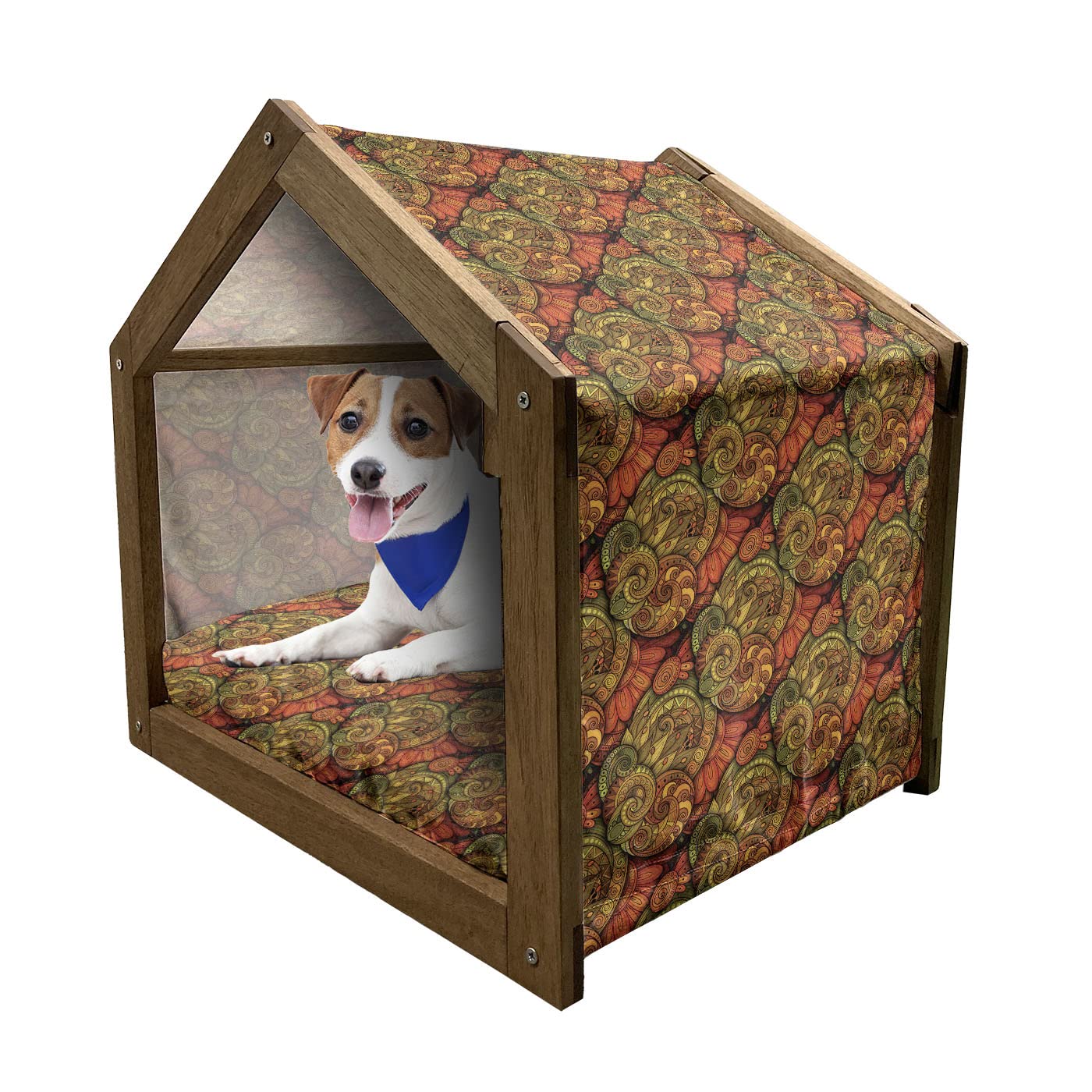 Ambesonne Paisley Wooden Dog House - Large Indoor & Outdoor Pet Kennel with Pillow Cover, Abstract Floral Design in Reseda Green & Orange - Perfect for Backyard, Patio or Living Room Pet Shelter