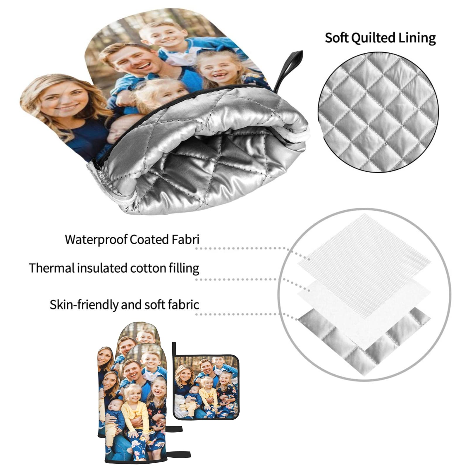 Custom Personalized Oven Mitts & Pot Holders Set - Photo & Text Printed Baking Gifts for Women - Heat Resistant Kitchen Cooking, BBQ & Grilling Accessories (3-Piece Set: 2 Oven Mitts + 1 Pot Holder) - Perfect for Holiday Gifts, Housewarming & Mother's Day
