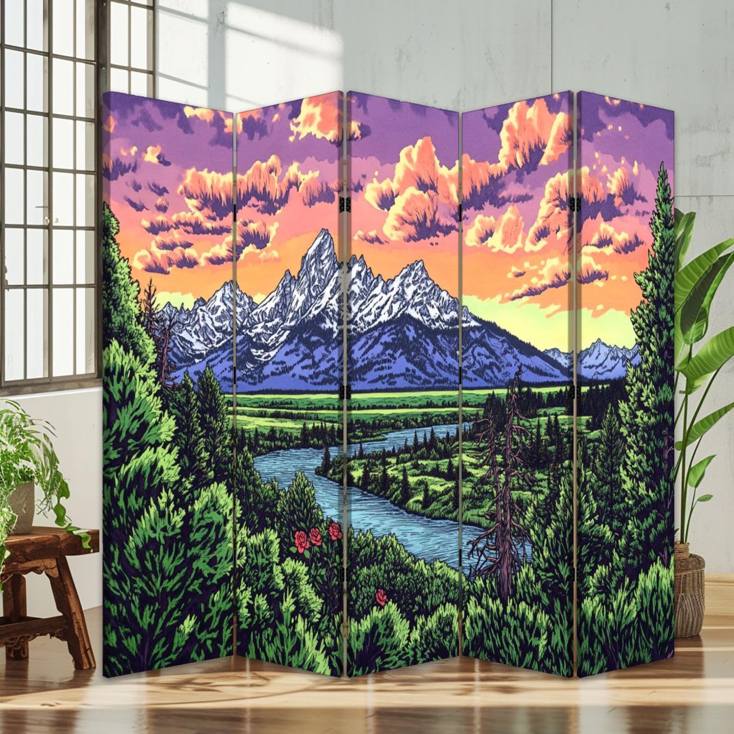 5-Panel Folding Room Divider - National Park Scenery with Sunset, Clouds & Snow-Capped Mountains - Freestanding Canvas Privacy Screen for Home Office, Bedroom & Living Room Separator