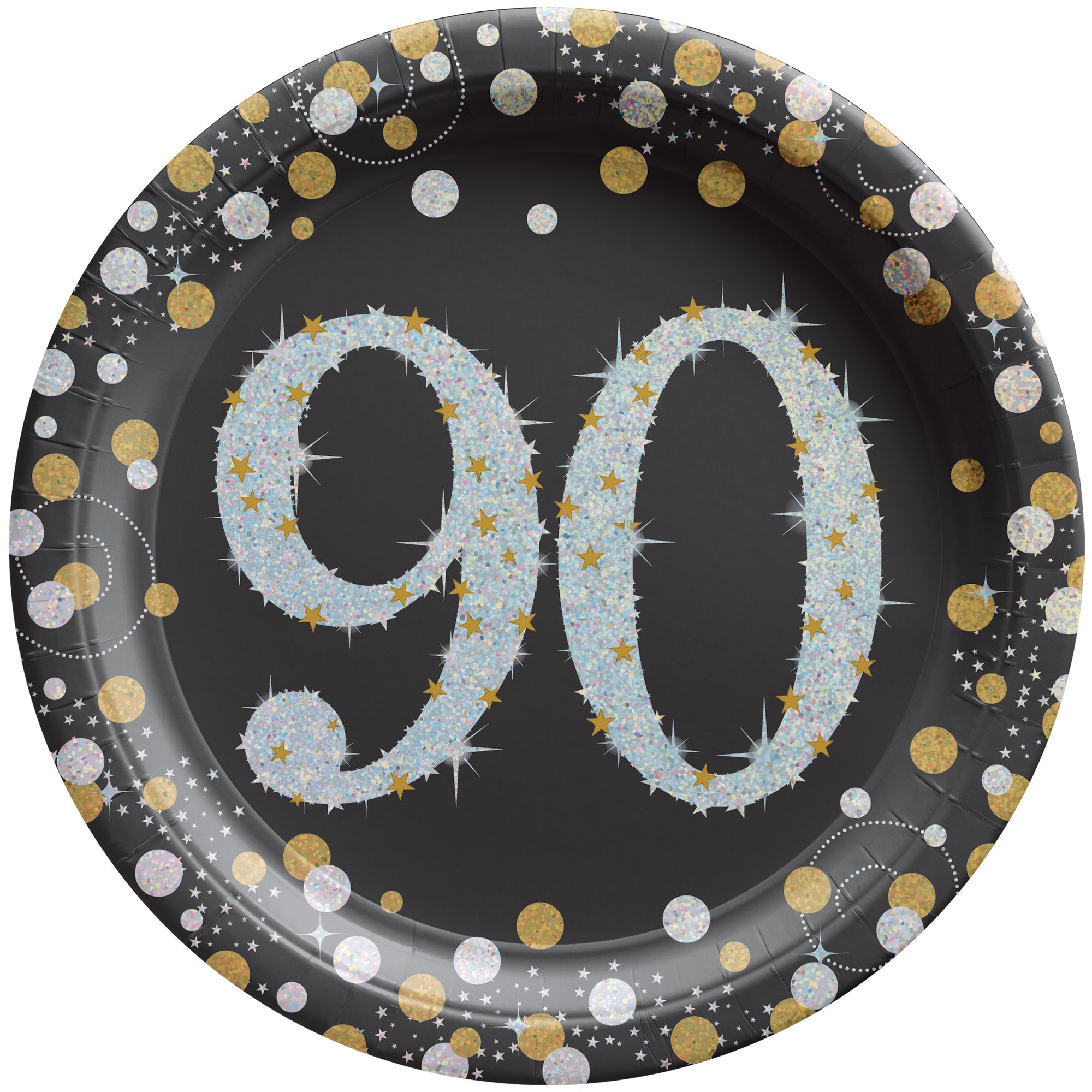 90th Birthday Sparkling Gold Small Round Dessert Paper Plates - 7 Inch Disposable Party Plates (8 Count) - Perfect for Anniversary Celebrations, Bridal Showers & Birthday Parties