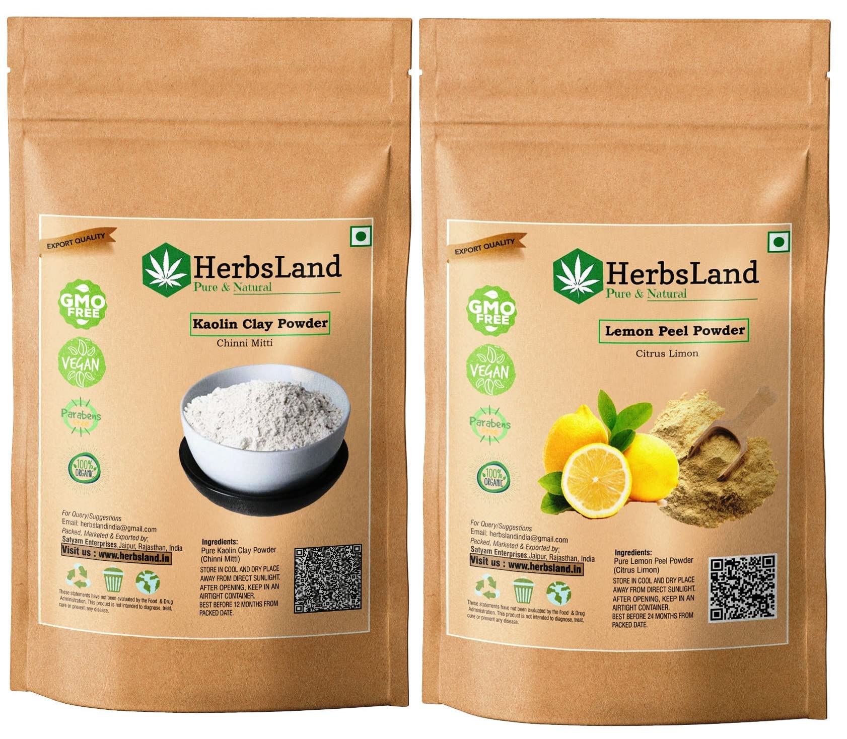 HerbsLand Premium Natural Chinni Mitti (Kaolin Clay) Powder & Lemon Peel Powder - 100g Each for Face & Skin Care | Deep Cleansing, Acne Treatment, Brightening | DIY Facial Masks & Spa Treatments