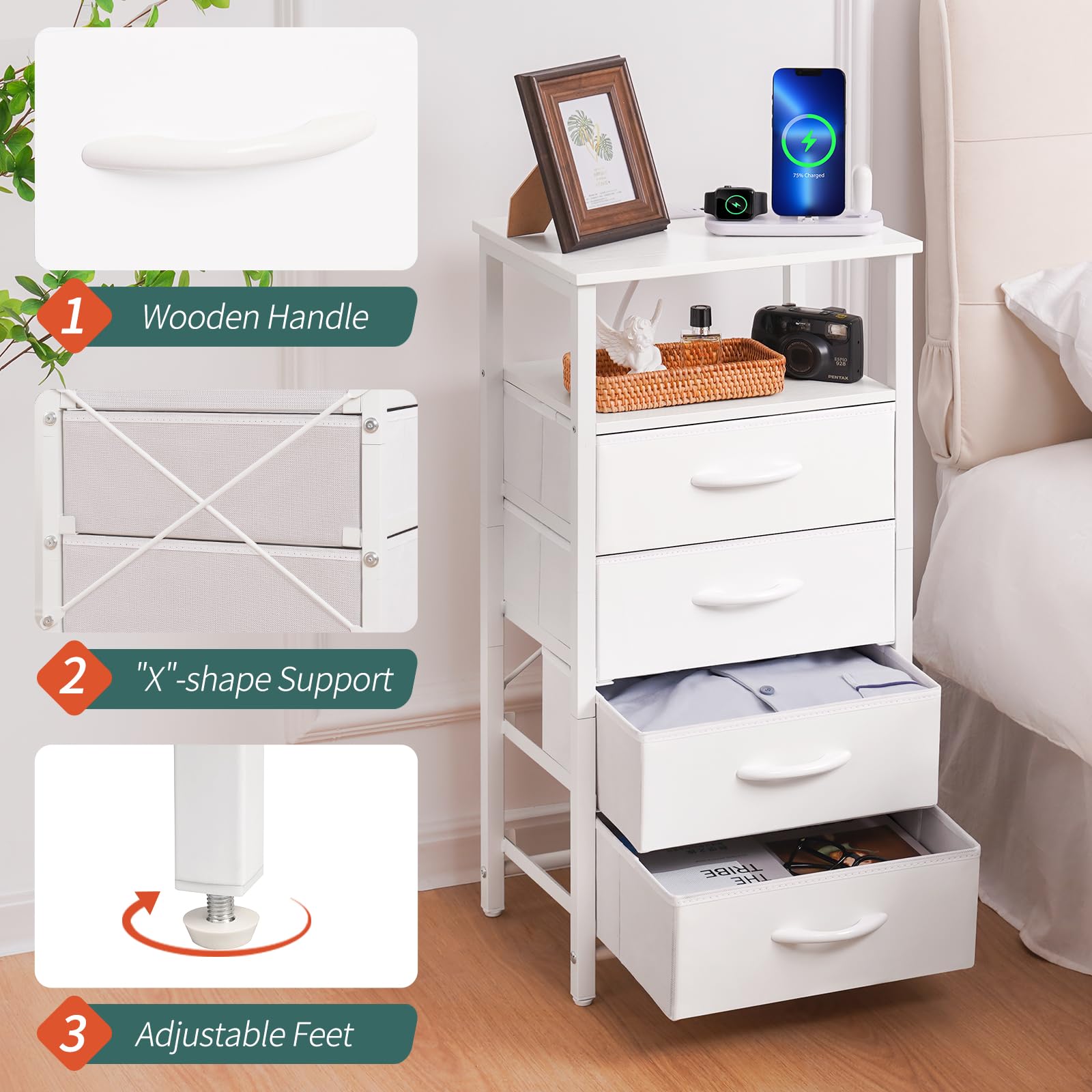 Yoobure LED Night Stand with Charging Station - White Bedside Table with 4 Storage Drawers, Shelf, USB Ports & Outlets - Tall Dresser for Bedroom - Perfect for Small Spaces, Apartment Living & Modern Home Decor