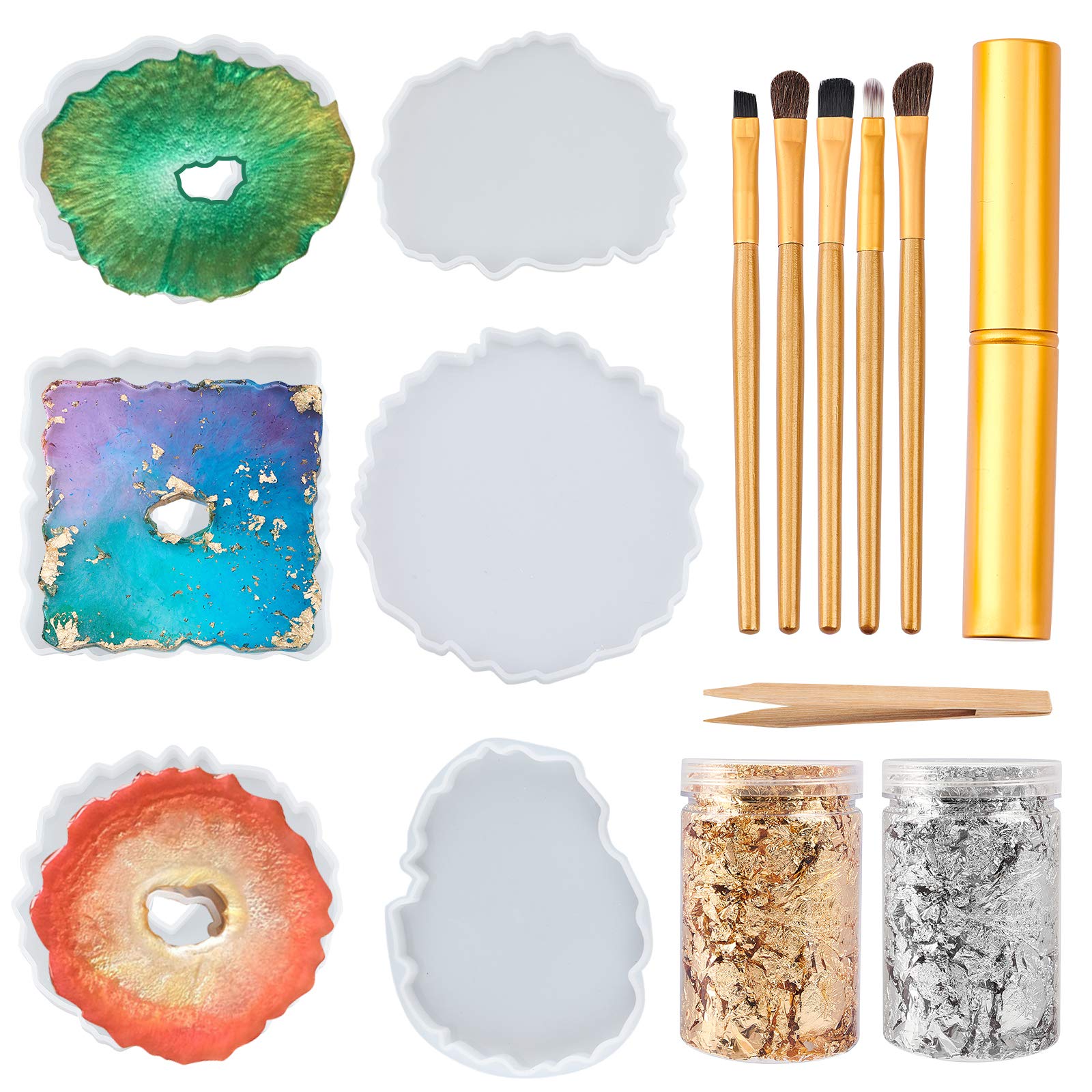 OLYCRAFT 13-Piece Resin Coaster Molds Set with Gold Foil Flakes - Irregular Geode Agate Epoxy Molds for DIY Coasters - Perfect for Home Decor, Wedding Favors & Craft Projects