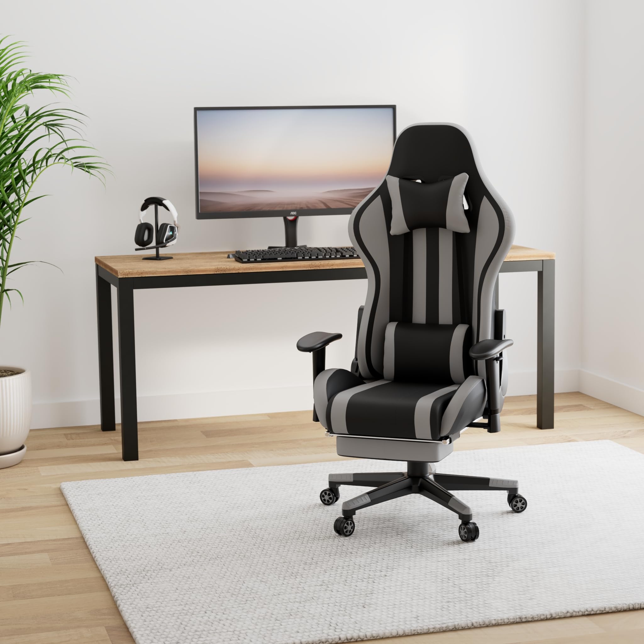 Soontrans Ergonomic Racing Style Gaming Chair with Adjustable Footrest, Headrest & Lumbar Support - High Back Computer Desk Chair for PC Gamers, Office Workers & Home Use (Black/Gray) - Perfect for Esports, Streaming & Long Work Sessions