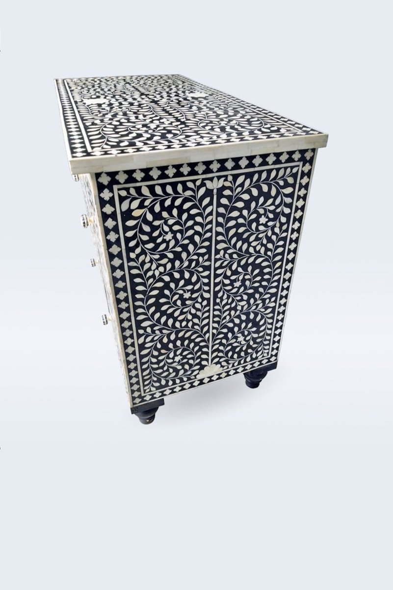 Handmade Bone Inlay 6-Drawer Dresser - Black Wooden Chest of Drawers for Bedroom, Living Room & Office Storage