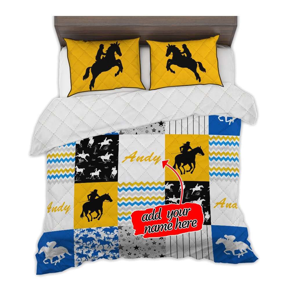 Custom Equestrian Themed Full Size Quilt Set - Personalized Horse Riding Design for Girls & Men - Soft Comfy Bedding Set in Yellow & Blue (Twin 71