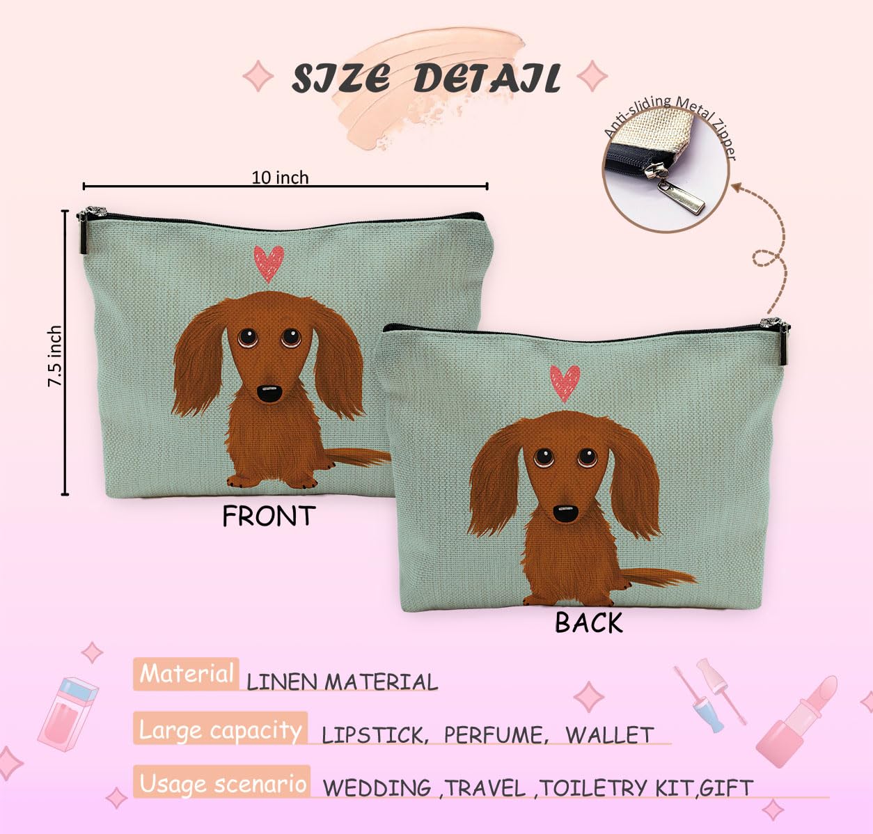 Cute Long-Haired Dachshund Cartoon Wiener Dog Heart Makeup Bag - Waterproof Travel Cosmetic Pouch with Zipper for Toiletries | Perfect for Travel, Gym & Daily Use | Funny Dachshund Puppy Design in Green