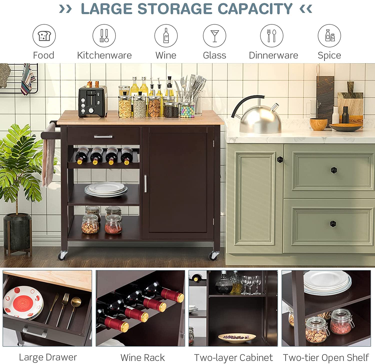 Hysache Kitchen Island Cart with Adjustable Shelves, Lockable Wheels & Wine Rack - Multi-Functional Rolling Storage Cabinet for Kitchen, Dining Room & Bar - Wooden Mobile Trolley in Brown/White (HW66112) - Perfect for Small Spaces, Entertaining & Extra Counter Space