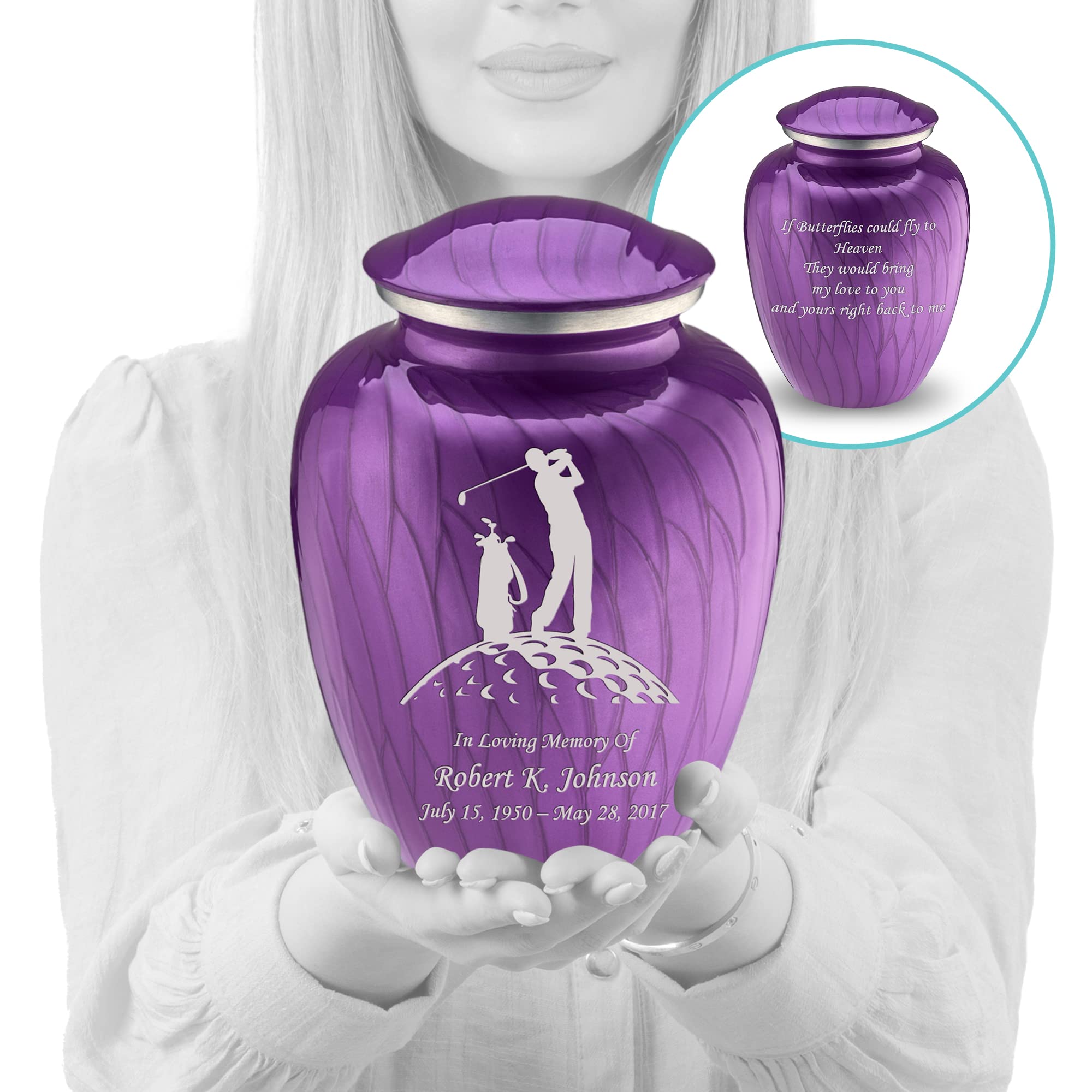 Personalized Golf Cremation Urns for Adults - Large Pearl Purple Funeral Urn for Men & Women with Double-Side Engraving (Holds 200 lbs) | Memorial Keepsake for Golf Lovers, Perfect for Home Display or Cemetery Placement