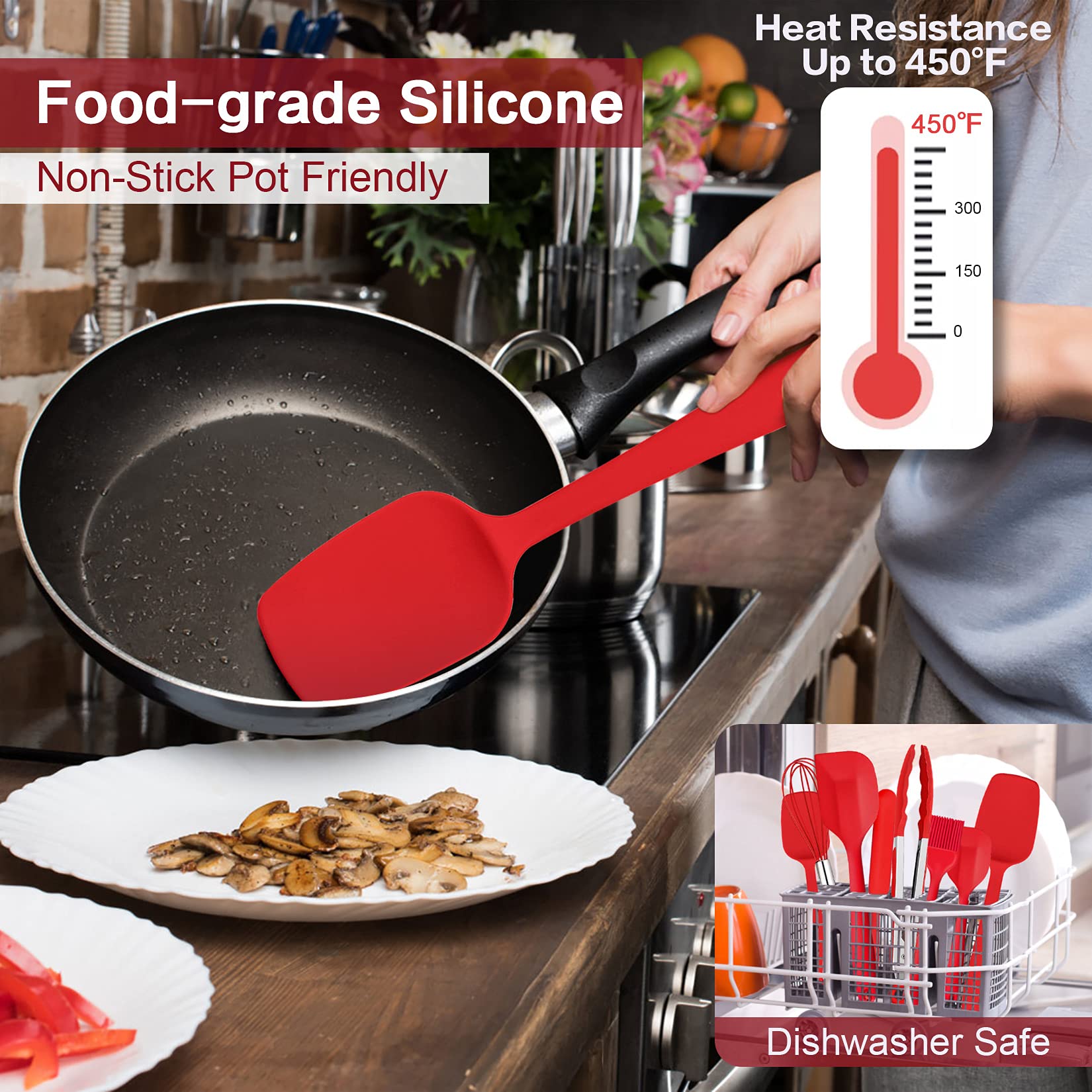 P&P CHEF 14-Piece Silicone Spatula Set - Heat Resistant Rubber Cooking Utensils for Nonstick Cookware - Includes Spatulas, Spoons, Kitchen Tongs & Baking Tools - Dishwasher Safe (Red) - Perfect for Baking, Cooking & Kitchen Prep