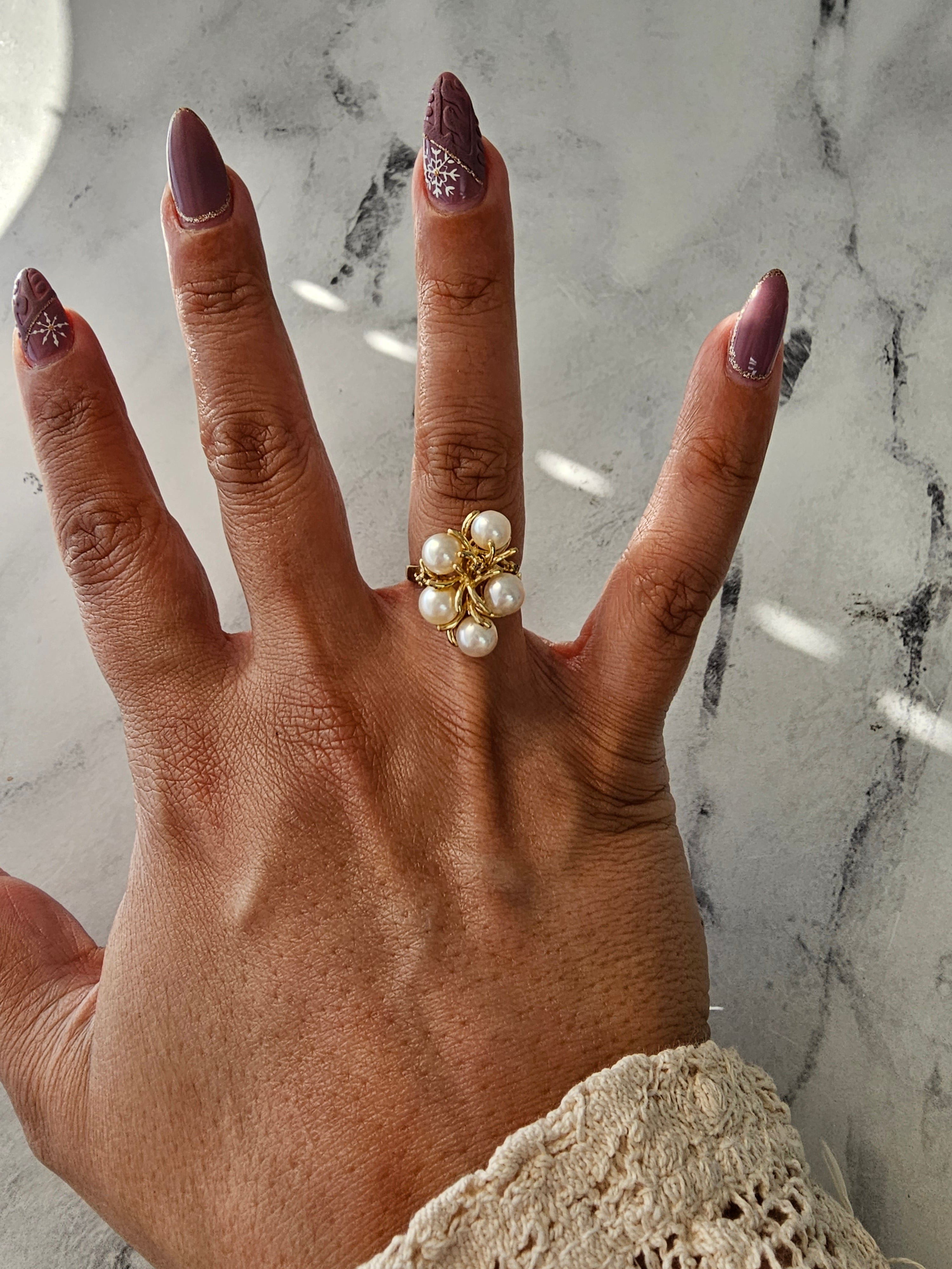 14K Yellow Gold Pearl Cluster Ring with Diamond Accents - Elegant Bridal Jewelry, Anniversary Gift & Special Occasion Statement Piece