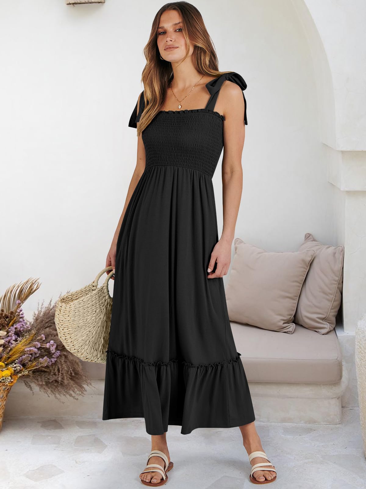 ANRABESS Women's Summer Casual Strap Smocked Maxi Dress - Flowy Tiered A-Line Sundress for Beach, Travel, Wedding Guest & Outdoor Occasions