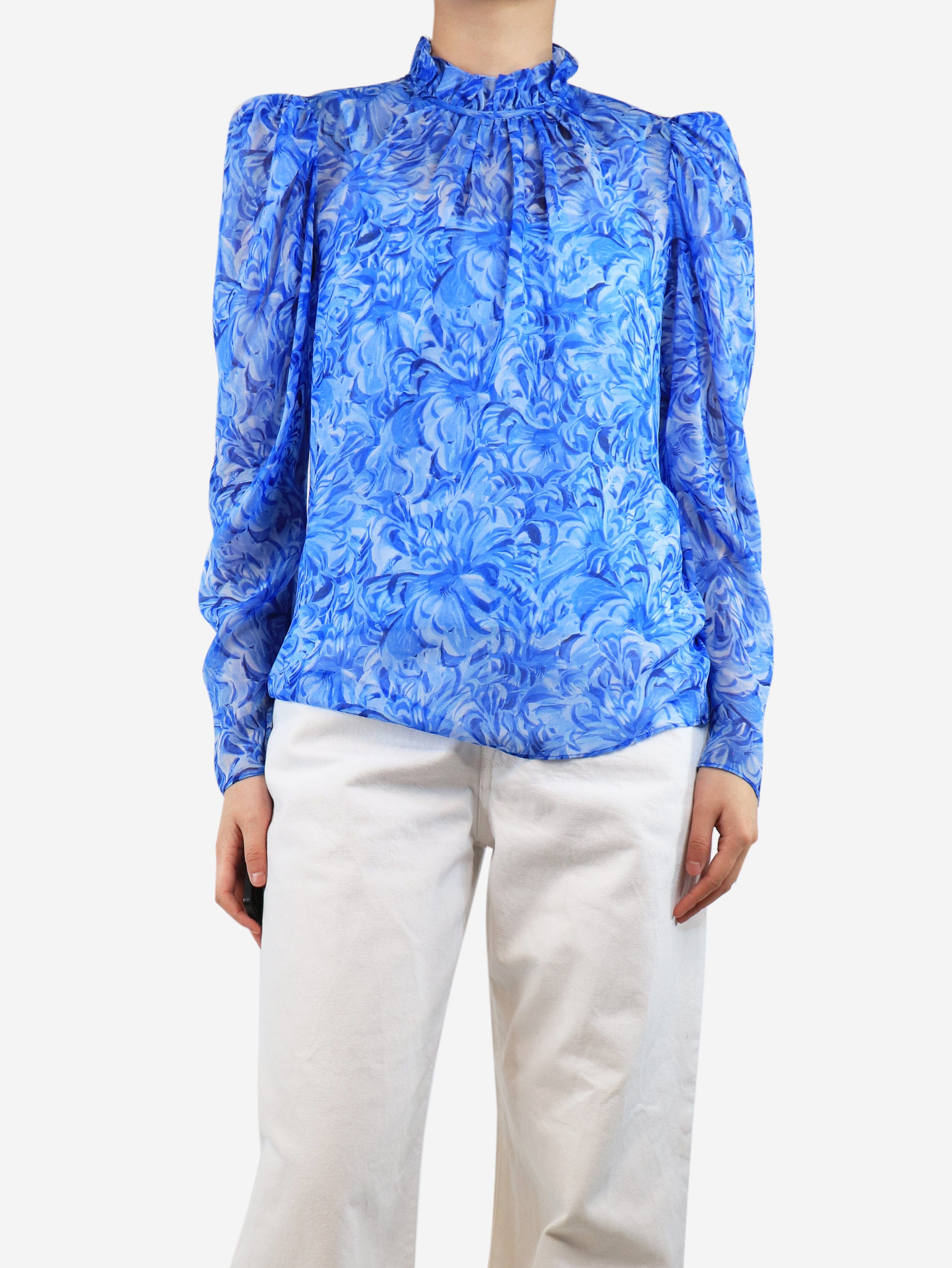 Blue Floral Silk Blouse Women's Size UK 8 | Elegant Summer Top for Office, Party & Date Night Outfits