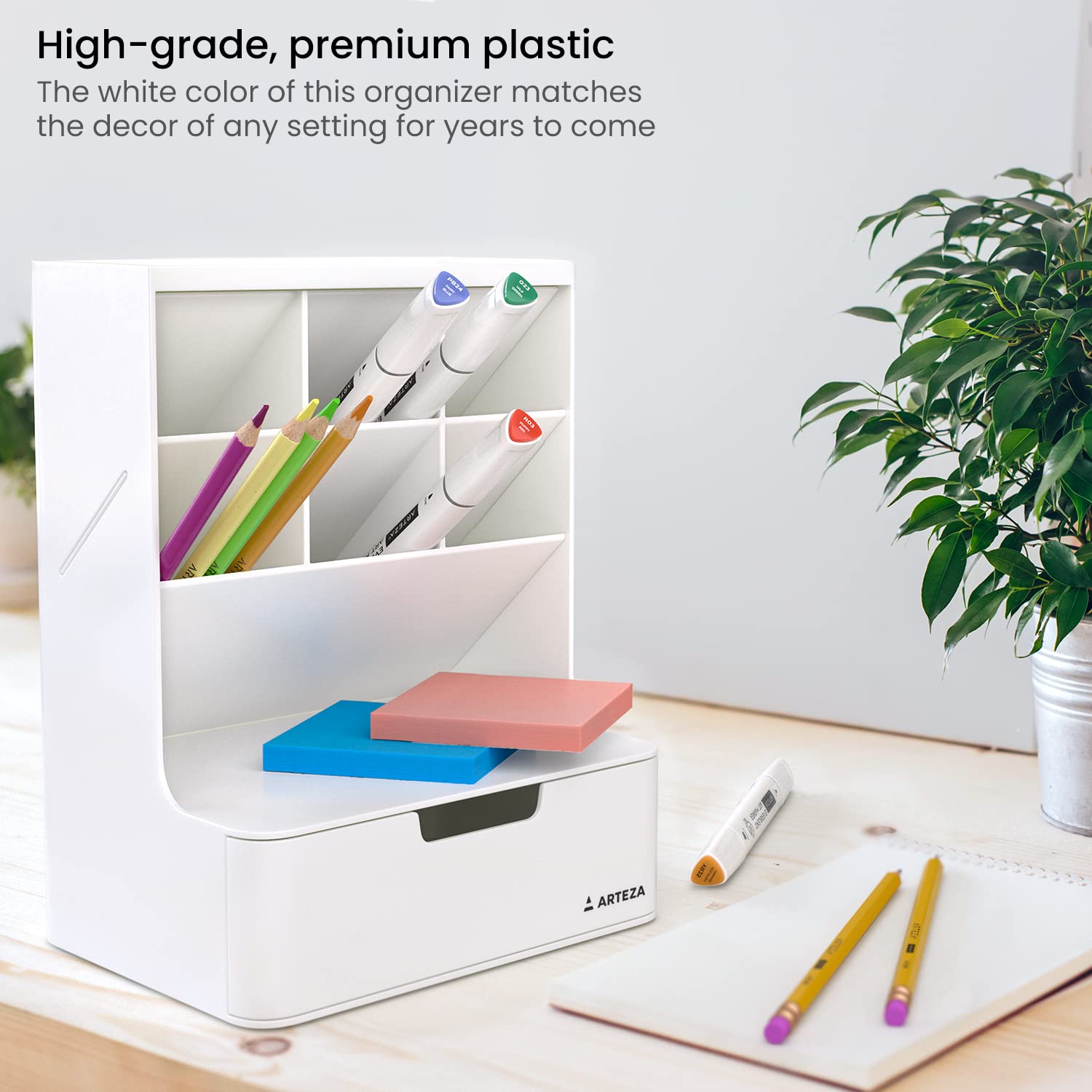 ARTEZA 6-Compartment White Pen Holder & Marker Organizer for Desk - Stationery & Makeup Storage Drawer - Perfect for Office, School, and Beauty Vanity Organization