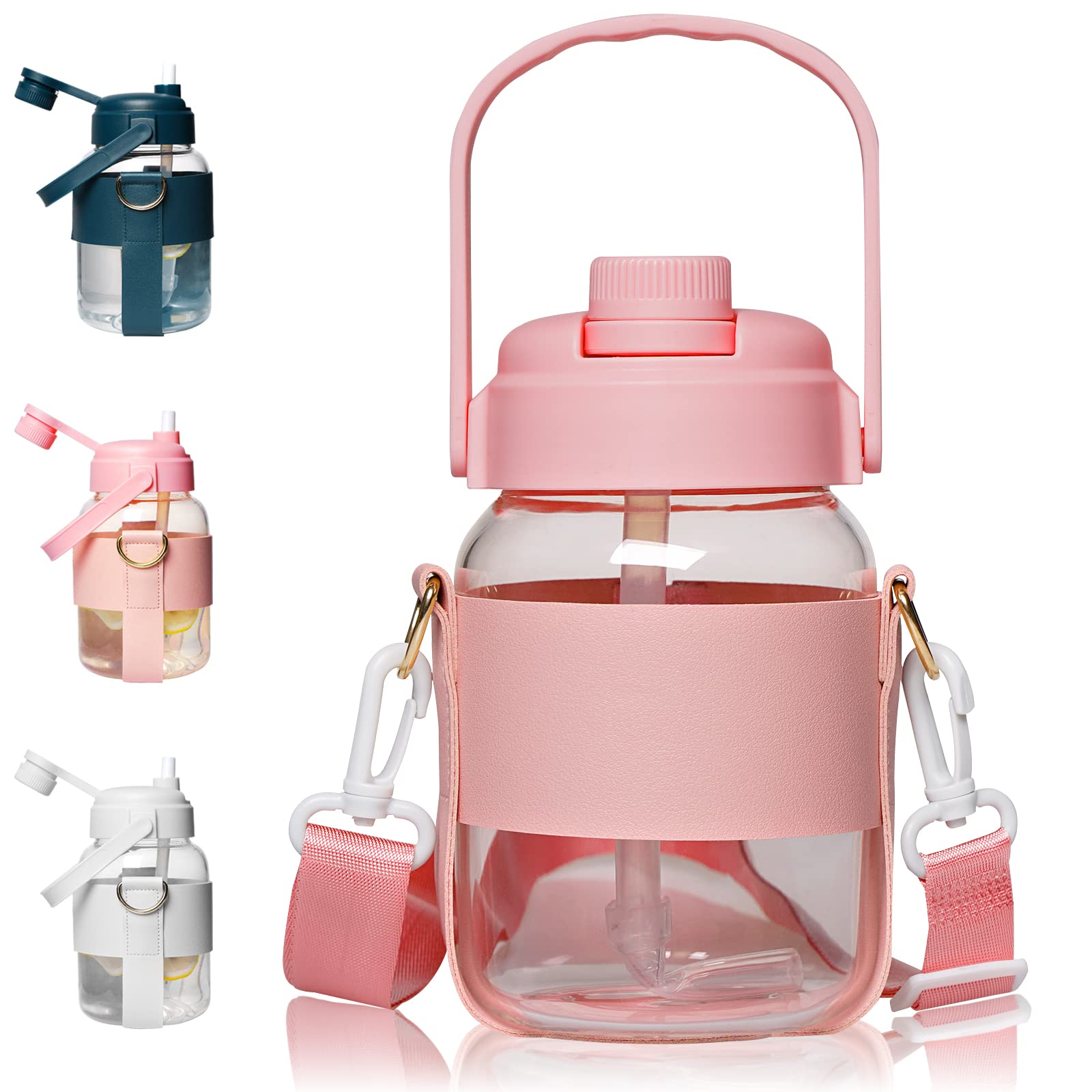 26oz Glass Water Bottle with Straw & Strap - 100% Leakproof Motivational Water Jug for Gym, Hiking, Office & School - BPA-Free Reusable Drinkware (Pink) - Stay Hydrated During Workouts, Travel & Daily Activities