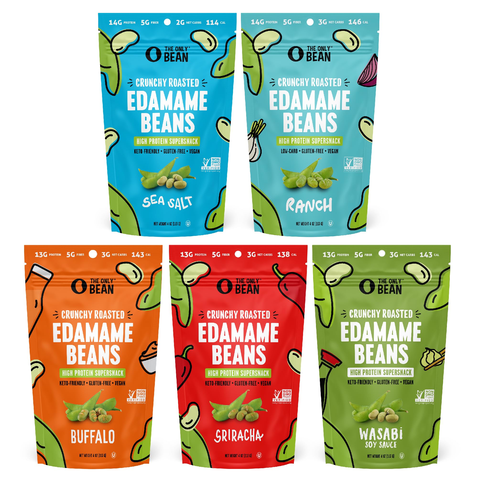 Crunchy Roasted Edamame Snacks - 5 Flavor Variety Pack | High Protein, Low Carb, Keto & Vegan Friendly | Gluten-Free Healthy Snacks for Adults & Kids | Perfect for On-the-Go, Office & School Lunches (4oz x 5 Bags)