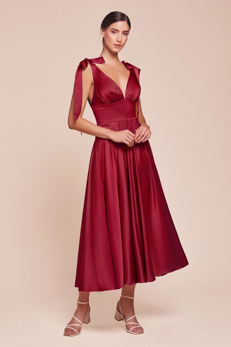 Elegant Burgundy Maggie Midi Dress - Tea Length Soft Satin A-Line Dress for Women | Perfect for Weddings, Cocktail Parties & Special Occasions