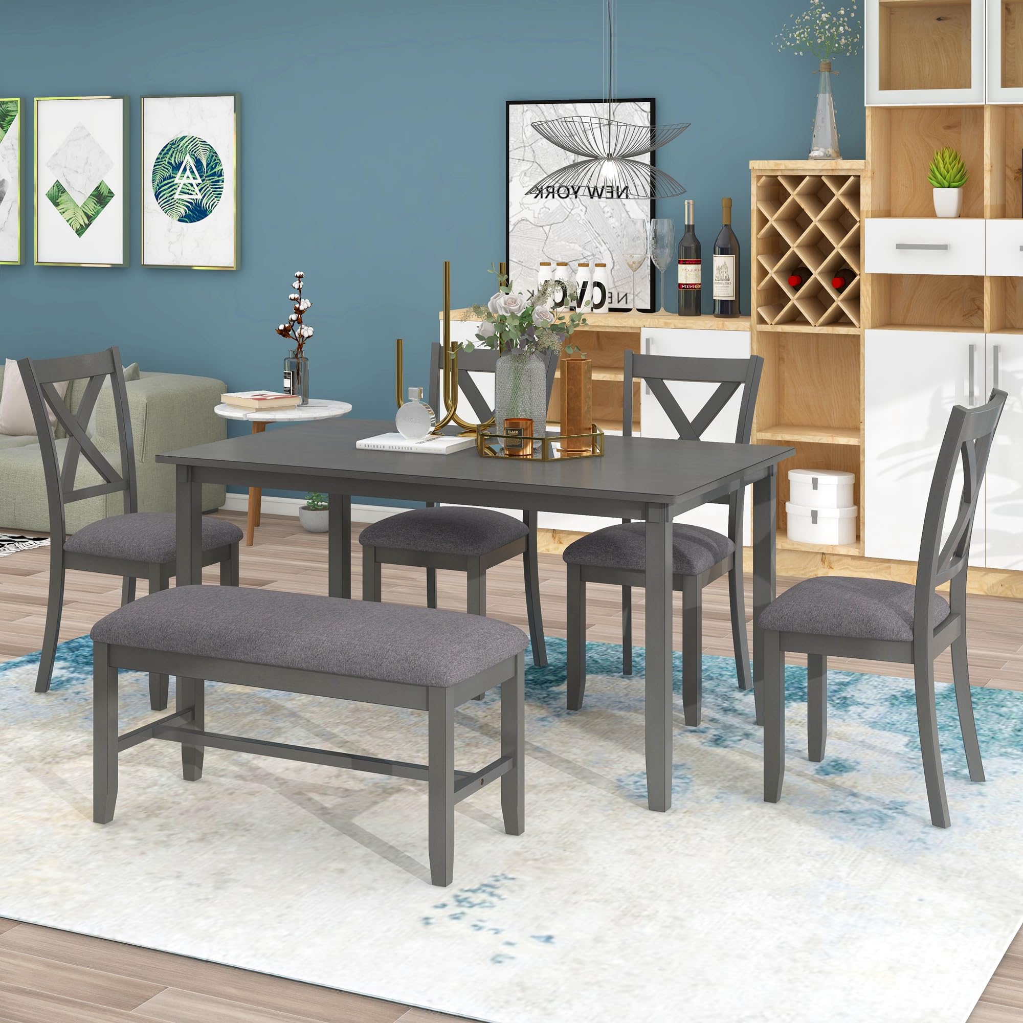 Farmhouse Dining Room Table Set with Bench and 6 Chairs - Solid Wood Kitchen Table & Upholstered Seating in Dark Grey - Perfect for Family Dinners, Entertaining Guests & Cozy Kitchen Gatherings