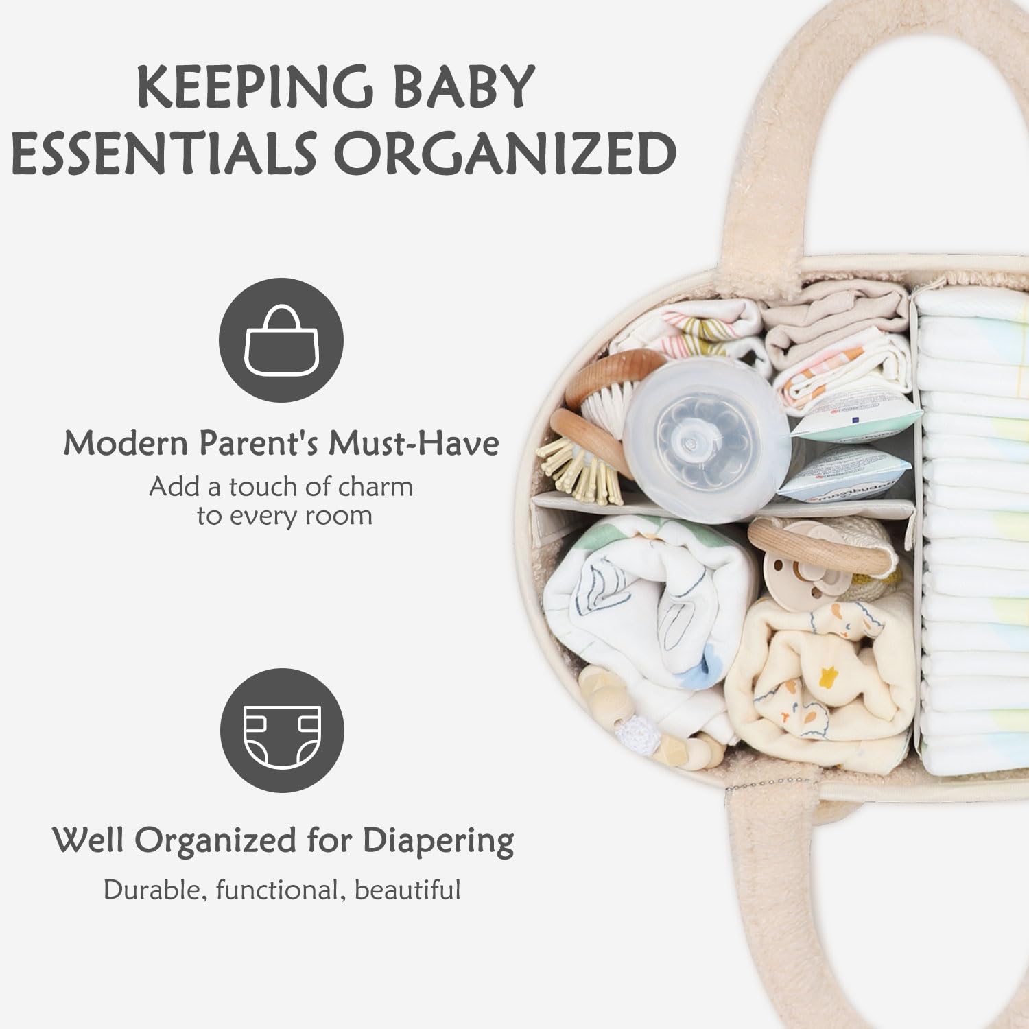CLYMENE Baby Diaper Caddy Organizer - Portable Nursery Storage Basket for Diapers, Wipes & Baby Essentials | Newborn Changing Table Organizer | Perfect Baby Shower Gift & Registry Item | Travel Diaper Tote Bag for Car & Home Use - Ivory