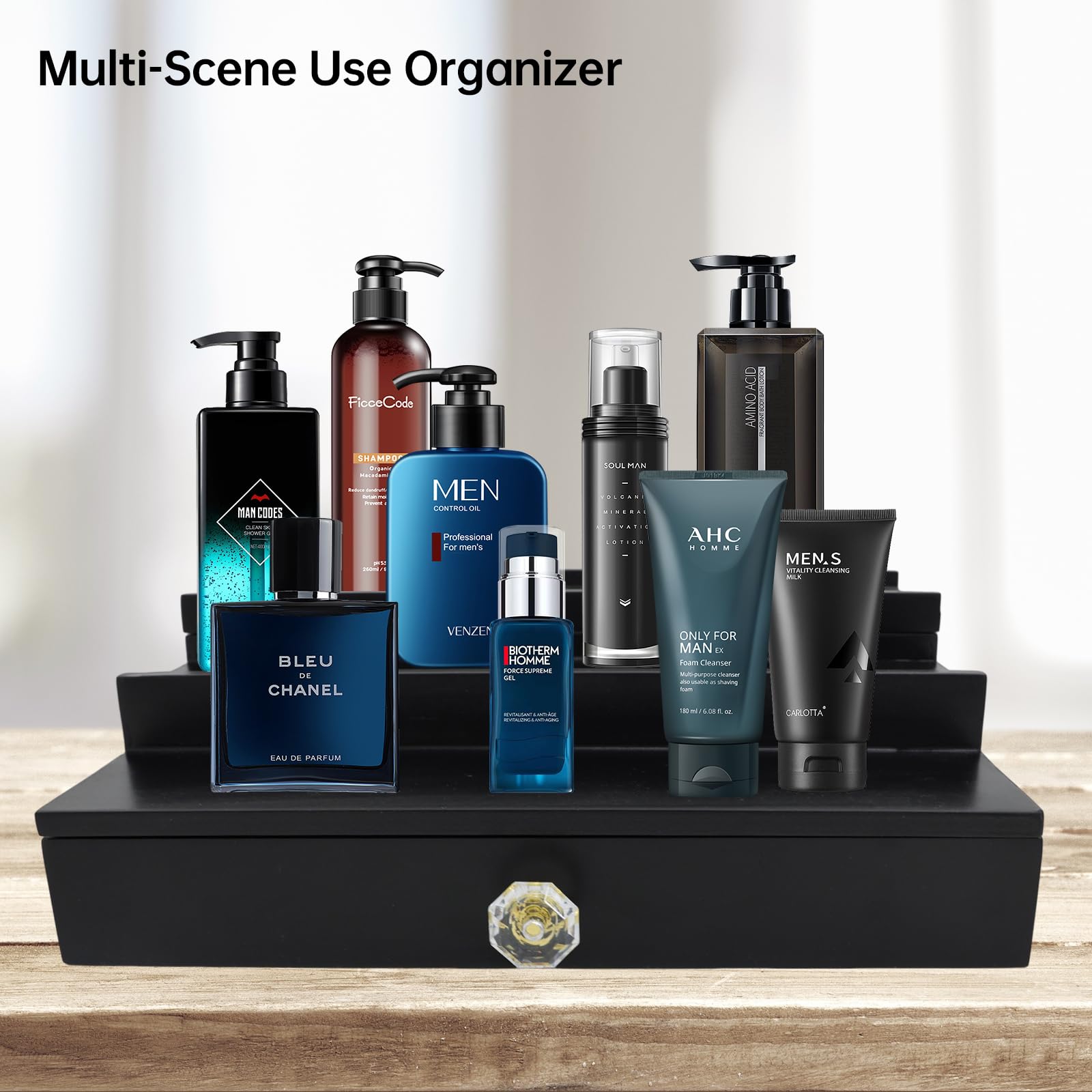 Premium 3-Tier Wooden Cologne Organizer for Men - Black Perfume Display Stand with Storage Drawer, Countertop Organizer & Cologne Holder - Perfect Gift for Dresser, Bathroom, or Vanity Organization
