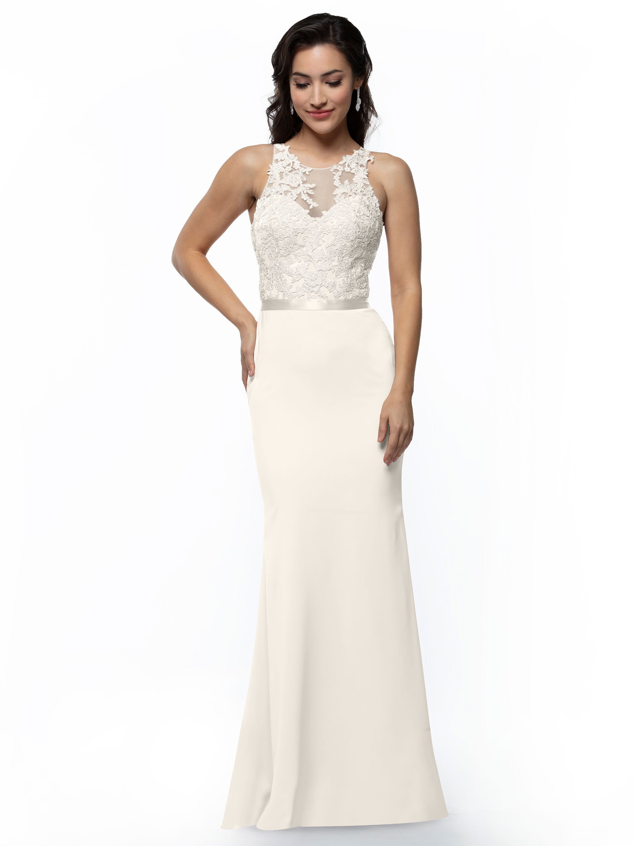 Elegant 80095 Stretch Chiffon Fit and Flare Bridesmaid Dress with Lace Illusion Bodice - Perfect for Weddings, Formal Events & Special Occasions
