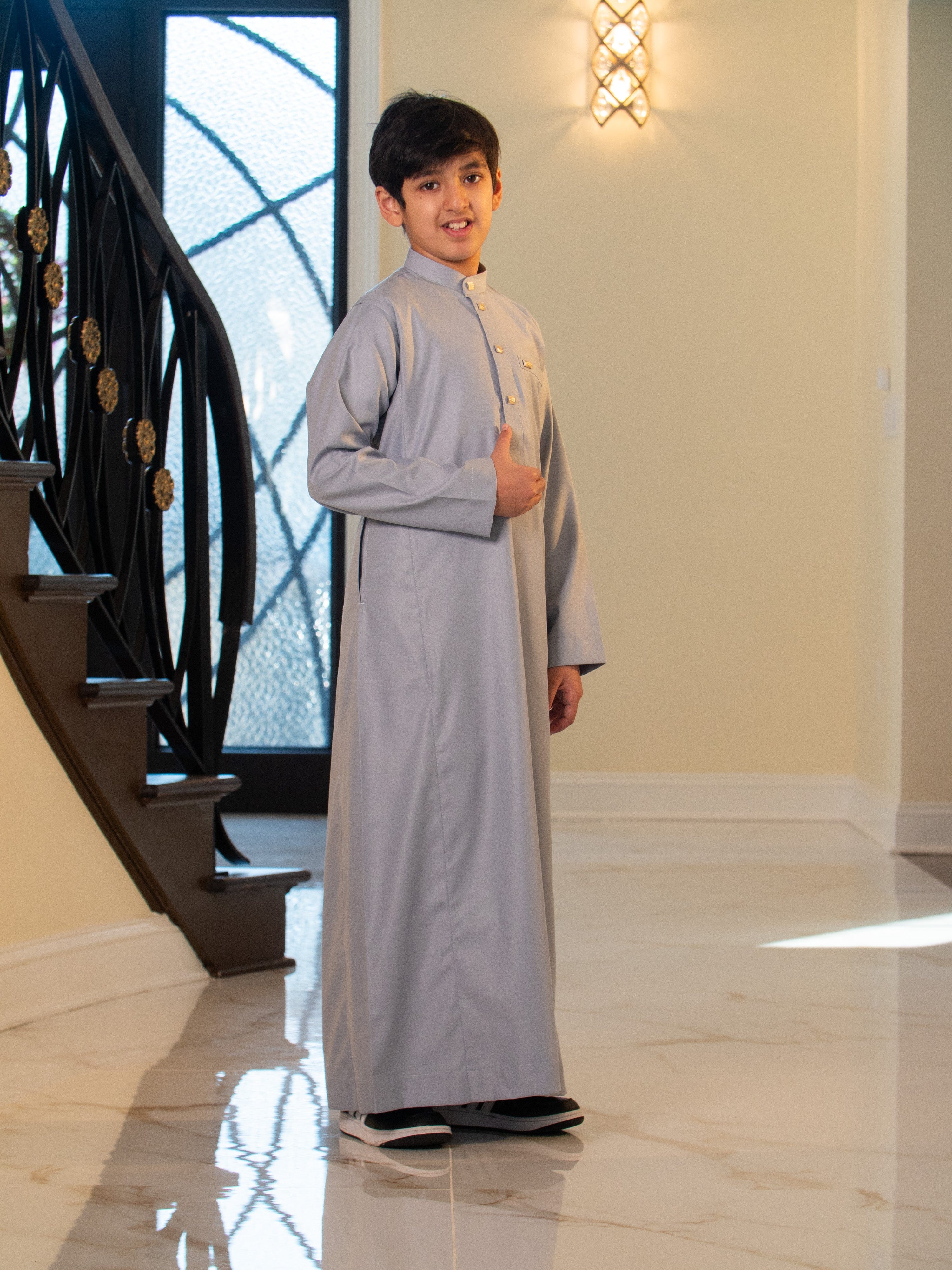 Kids Thobe 110C Gray - Islamic Traditional Dress for Father & Son | Eid Outfit, Mosque Prayer Clothes & Family Celebration Attire