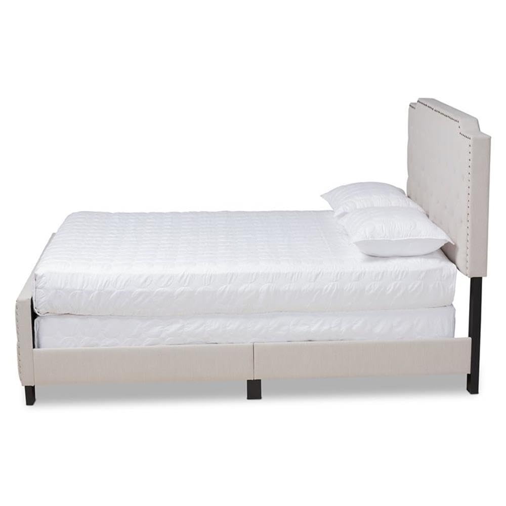 Baxton Studio Marion Modern Transitional Queen Size Bed - Beige Fabric Upholstered Button Tufted Headboard - Perfect for Master Bedroom & Guest Room Decor