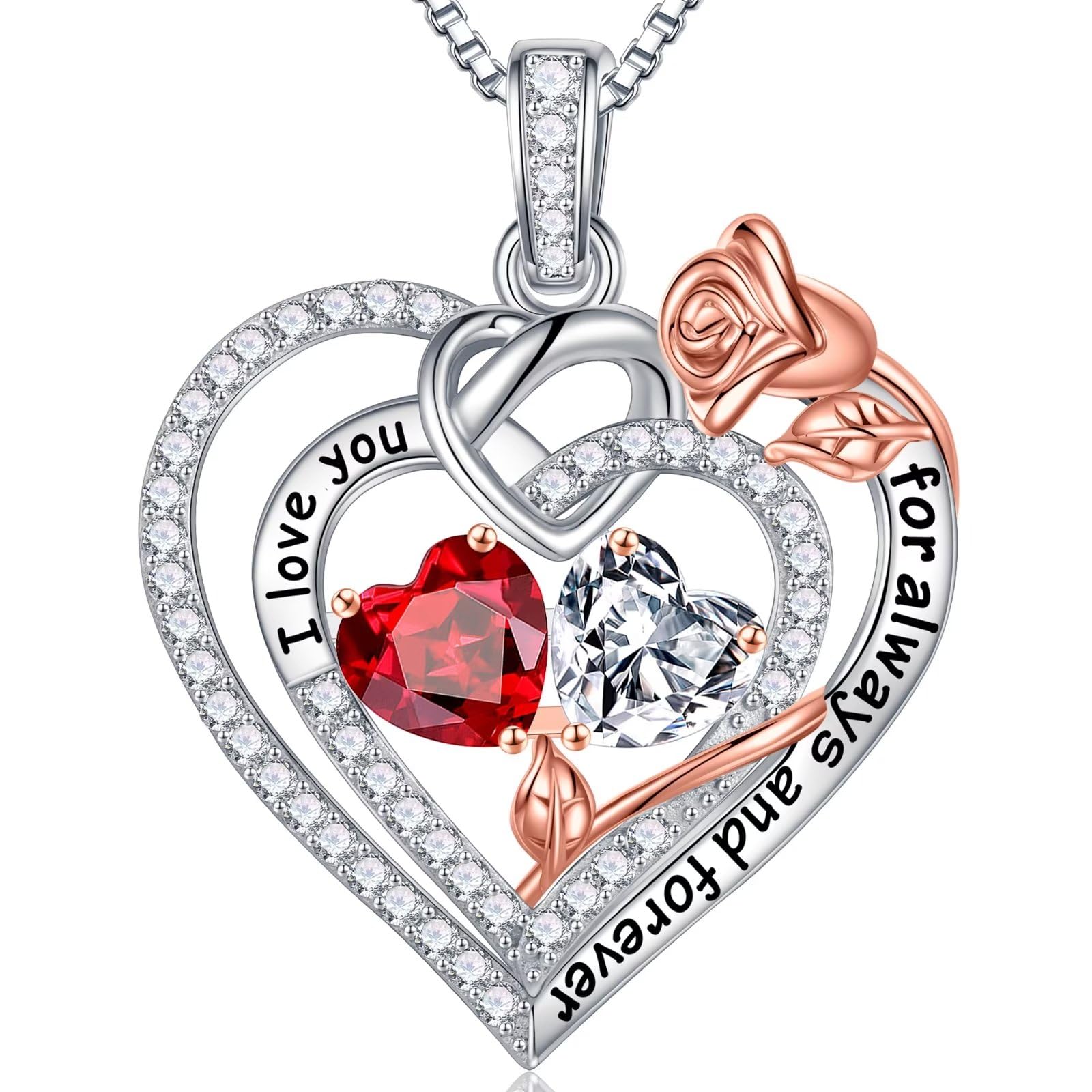 Rose Heart Necklace for Women - 925 Sterling Silver Double Birthstone Pendant, Anniversary Birthday Gifts for Wife, Girlfriend, Mom | Perfect for Valentine's Day, Mother's Day & Romantic Occasions