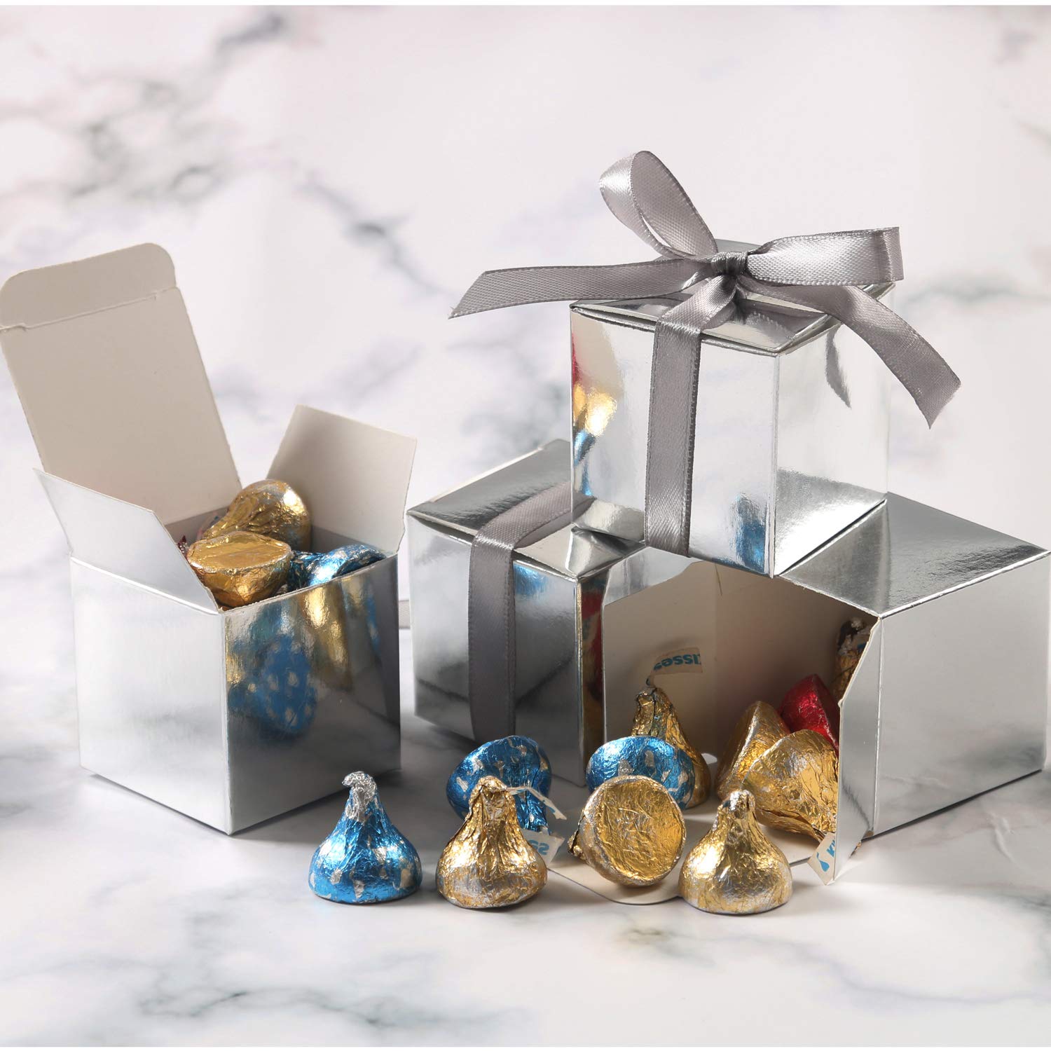 KPOSIYA 100 Pack 2x2x2 Inch Silver Favor Boxes with Ribbons - Small Candy Gift Boxes for Wedding, Baby Shower, Birthday Party Decorations & Party Supplies - Perfect for Candy, Jewelry, Wedding Favors, Baby Shower Gifts, and Party Treats