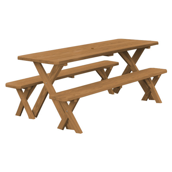 6ft & 8ft Yellow Pine Cross-Legged Picnic Table with 2 Benches - Outdoor Dining, Backyard BBQ, Park Gathering, Camping Furniture for Family & Friends
