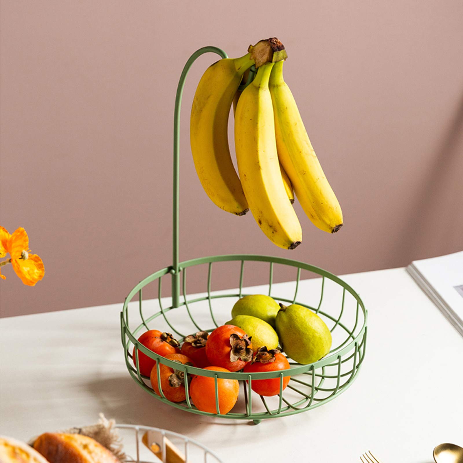 2-Tier Green Detachable Fruit Bowl with Banana Hanger - Multi-Purpose Kitchen Counter Organizer for Bananas, Bread, Vegetables - Perfect for Small Spaces & Healthy Snacking