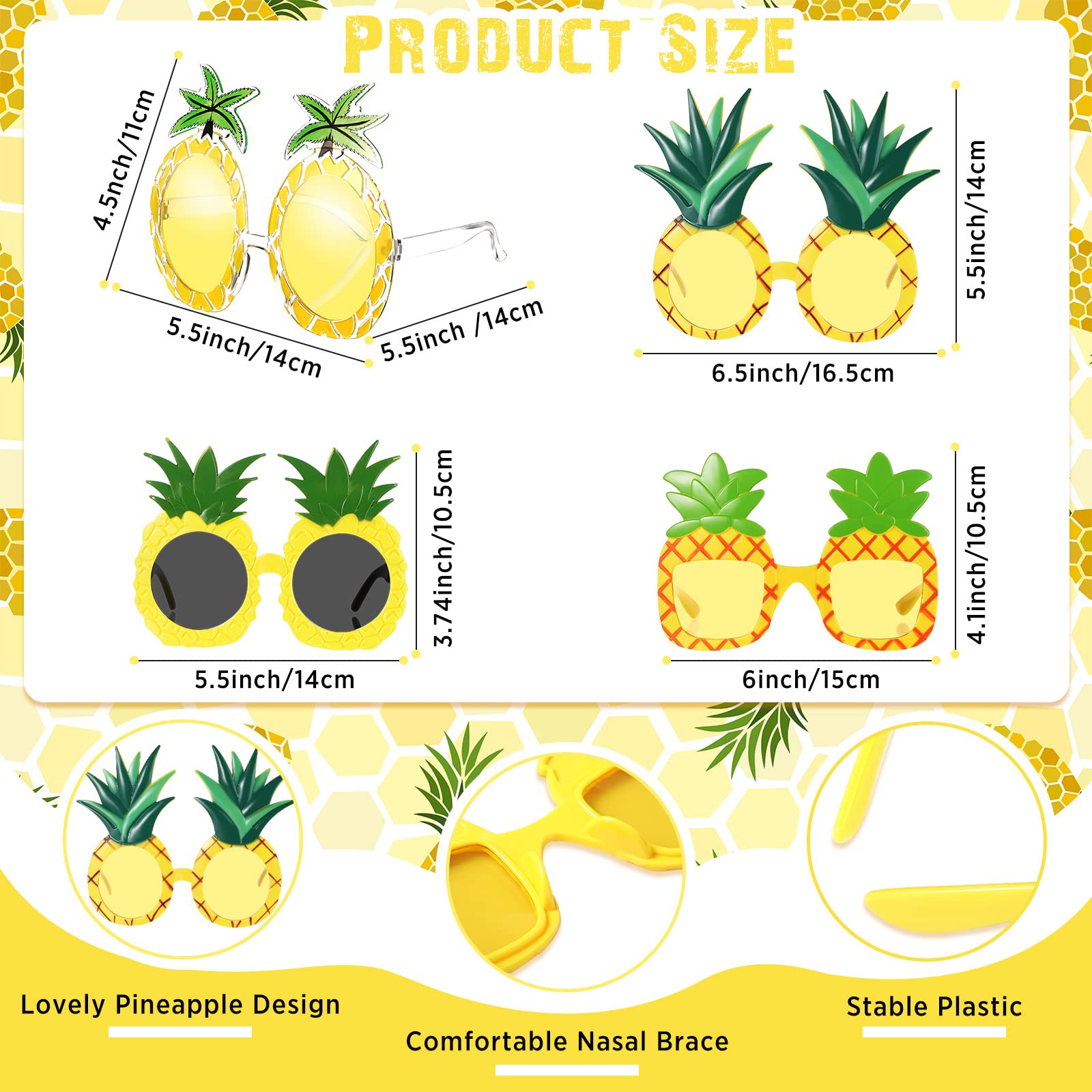 6 Pairs Pineapple Sunglasses - Tropical Fruit Shaped Novelty Glasses for Hawaiian Luau, Summer Beach Party & Pool Accessories - Perfect for Themed Events, Vacation Photos & Fun Gifts
