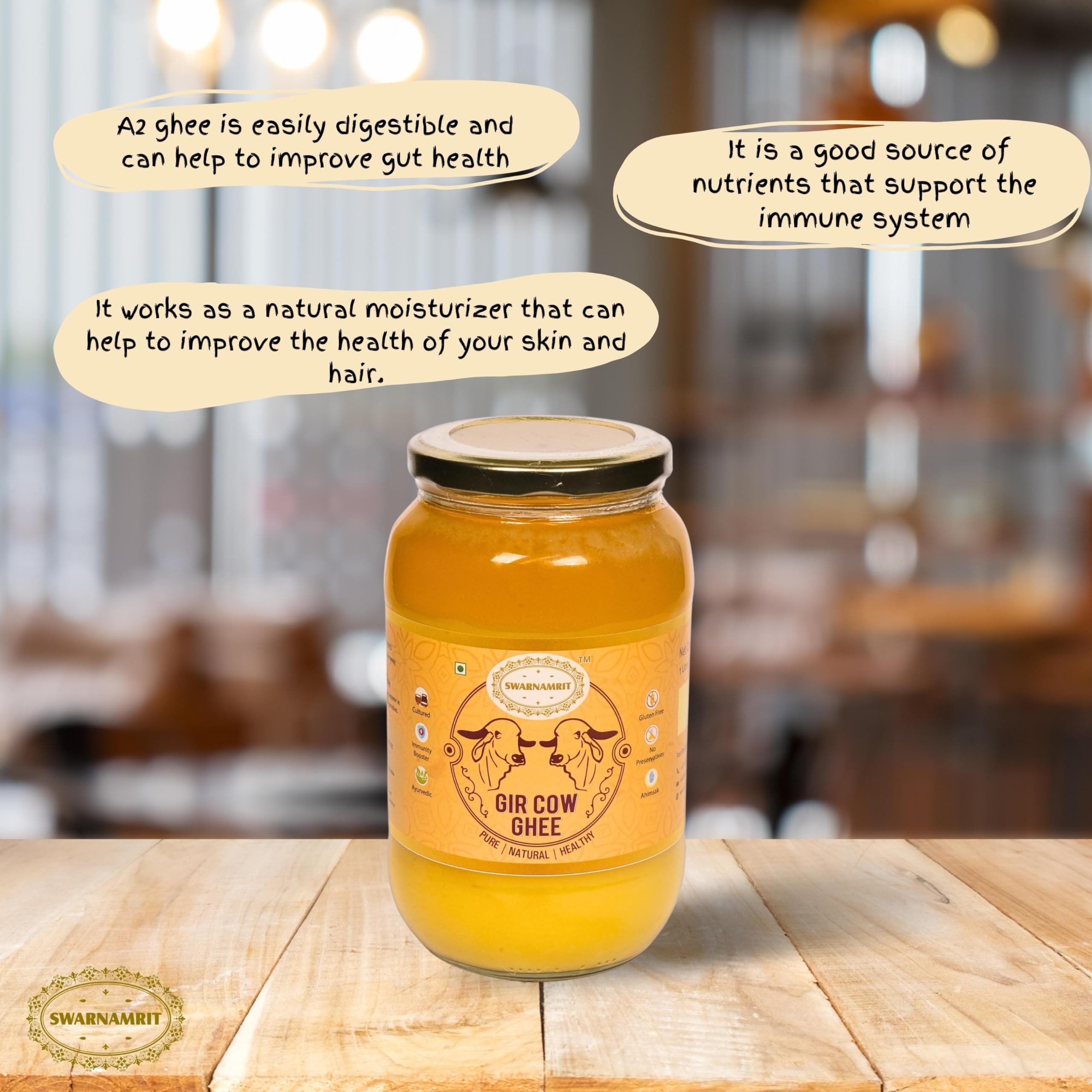 Premium SWARNAMRIT A2 Desi Gir Cow Ghee - 100% Pure Vedic Bilona Method - Glass Jar (1 Liter X 2 Pack) - Ideal for Cooking, Ayurvedic Remedies & Healthy Lifestyle