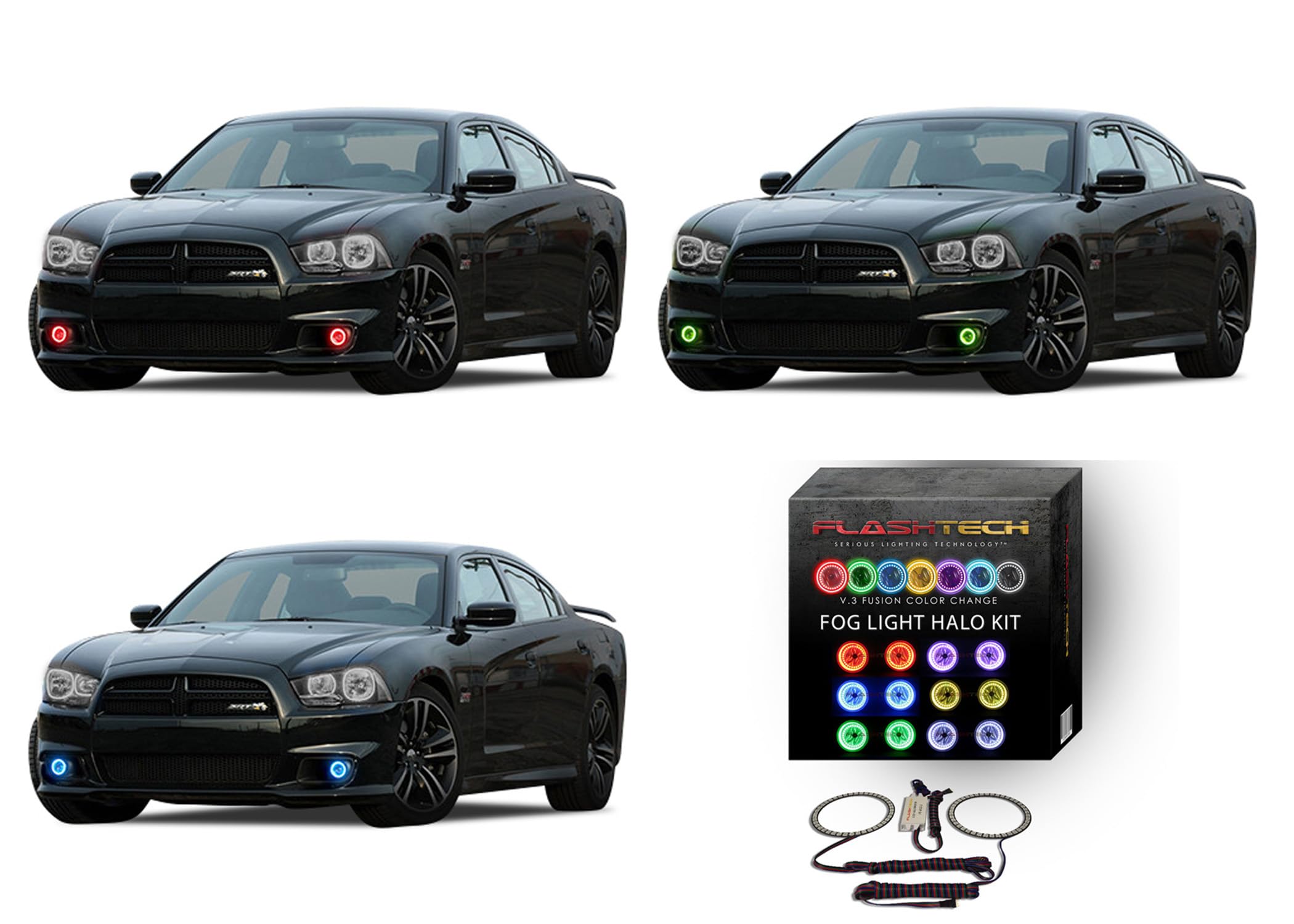 Flashtech V.3 RGB Color Changing LED Halo Ring Fog Lights Kit - Compatible with Dodge Charger 2011-2014 | Multi-Color Customization | DRL Daytime Running Lights for Enhanced Visibility & Style