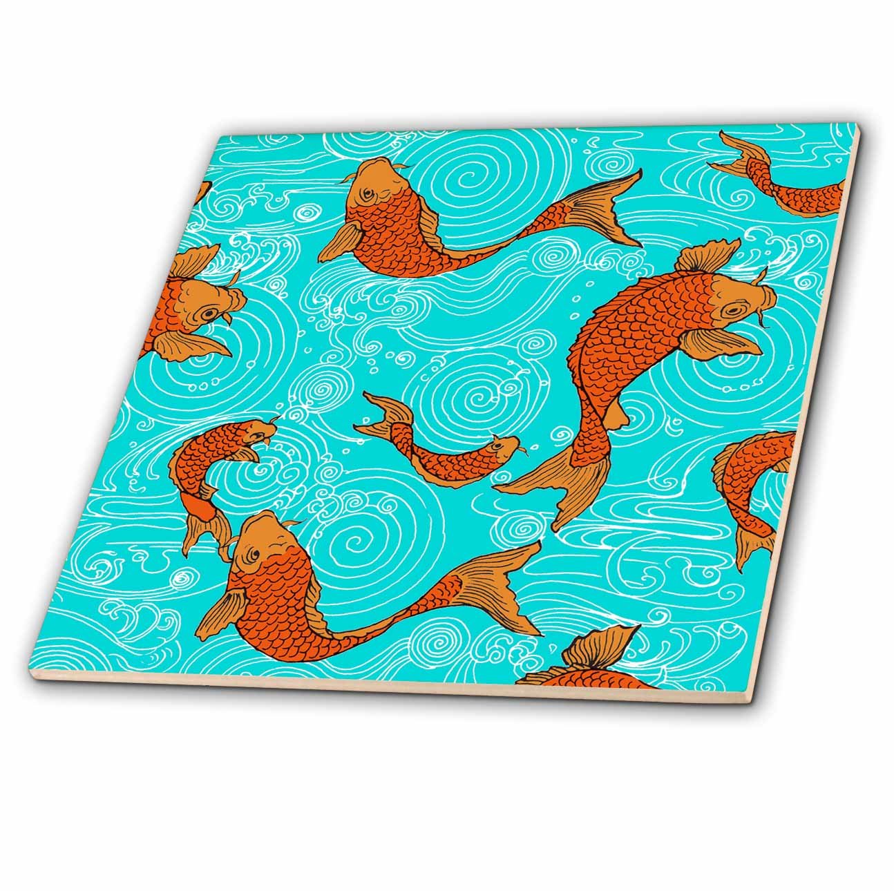 3D Rose Arts & Crafts Style Koi Fish in Water Ceramic Tile - 6 Inch Handmade Decorative Tile for Kitchen Backsplash, Bathroom Wall, or DIY Craft Projects