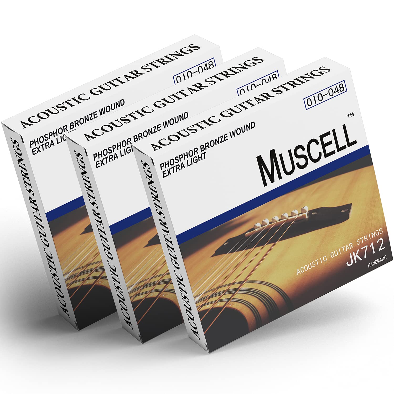 Premium MUSCELL Handmade Phosphor Bronze Acoustic Guitar Strings - 3 Pack of Extra Light 6-String Sets (JK712) - Ideal for Folk, Country & Fingerstyle Playing