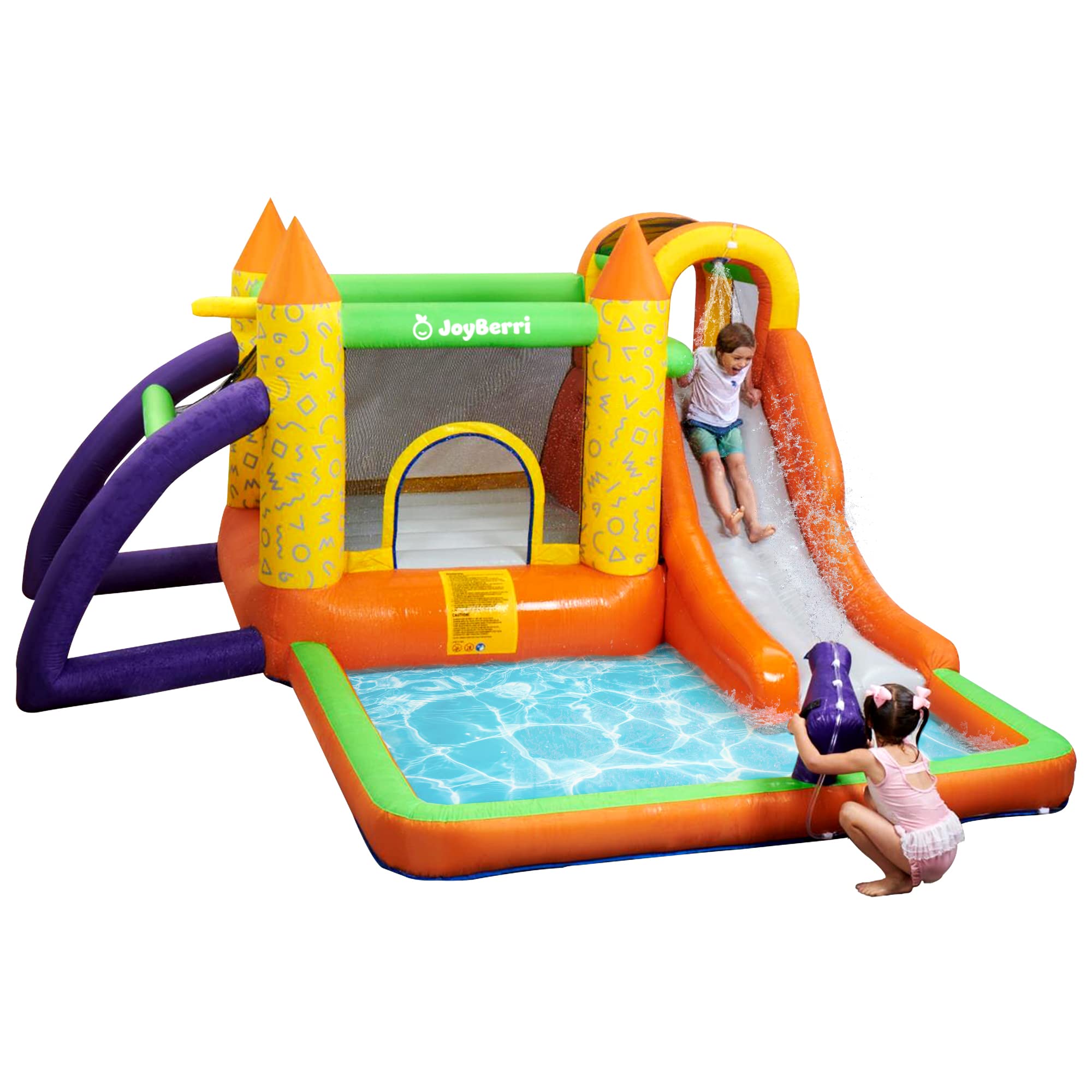 JoyBerri Inflatable Bounce House with Water Slide - Kids Outdoor Water Park with Trampoline, Splash Pool & Climbing Wall - Heavy Duty Bouncy Castle for Backyard, Birthday Parties & Summer Fun - Includes Air Blower & Carry Bag