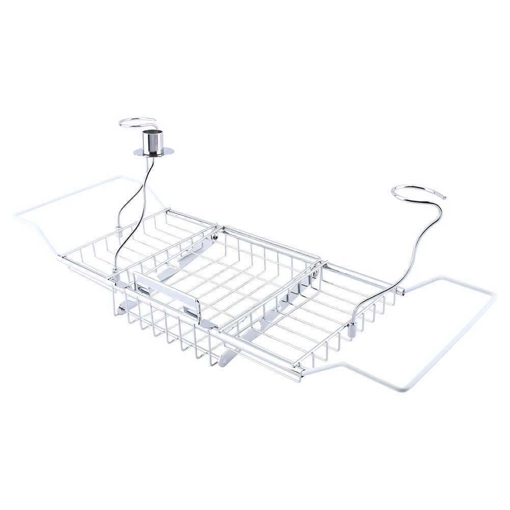 GOTOP Expandable Stainless Steel Bathtub Caddy Tray with Wine Glass Holder - Adjustable Shower Bathtub Organizer for Books, iPad, Wine & Spa Relaxation