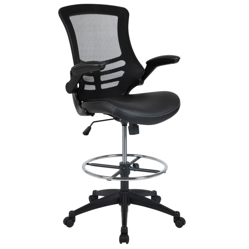 Kelista Mid Back Black Mesh Ergonomic Drafting Chair with LeatherSoft Seat - Adjustable Foot Ring & Flip-Up Arms - Perfect for Architects, Designers & Home Office Workspaces