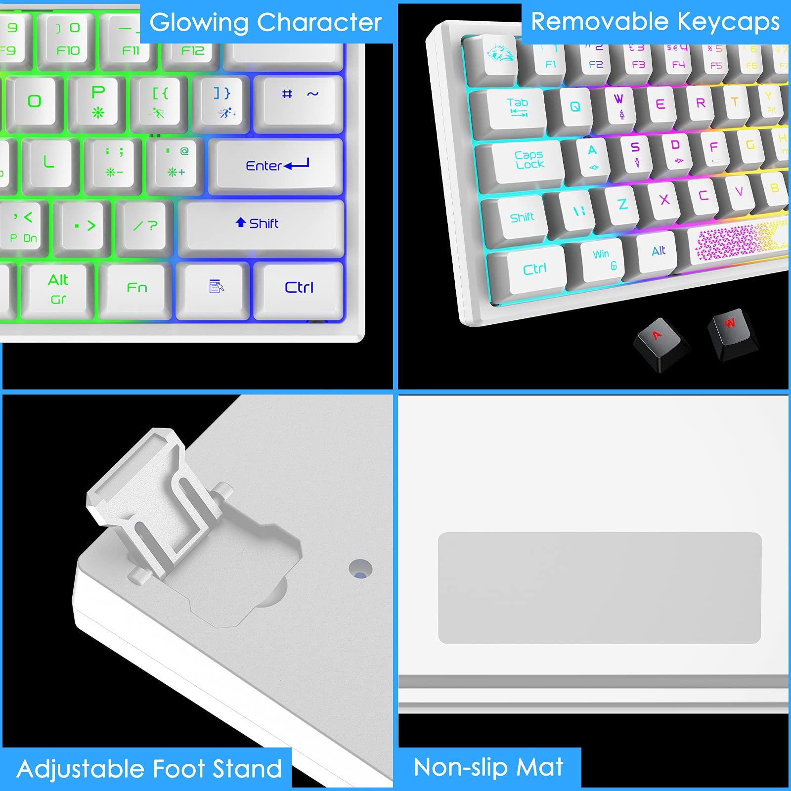 K61 60% Compact Mechanical Feel Gaming Keyboard - RGB Rainbow Backlit, 62-Key Ergonomic Design, 19-Key Anti-Ghosting, Waterproof USB Wired for PC/Mac/Windows - Perfect for Gamers, Typists & Office Work (White)