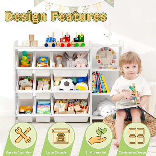 MallBest 4-Tier Kids Toy Storage Organizer Shelf - 100% Solid Wood Children's Storage Cabinet with 9 Plastic Bins & 3 Storage Ports (White) - Perfect for Nursery, Playroom & Bedroom Organization
