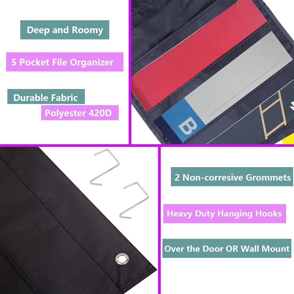 Premium Door Hanging File Organizer - 5-Pocket Cascading Wall File Storage System with 2 Hangers | Perfect for Classroom, Office, School & Home Organization | Space-Saving Document Management Solution