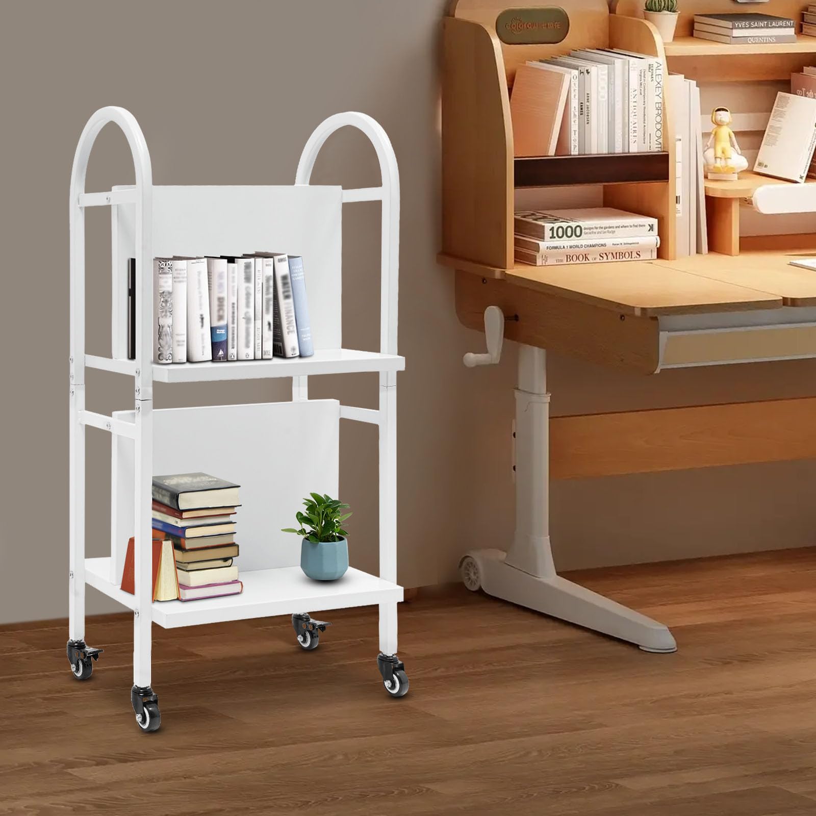 Book Cart with 4 Lockable Wheels - 2-Tier Rolling Bookshelf 34